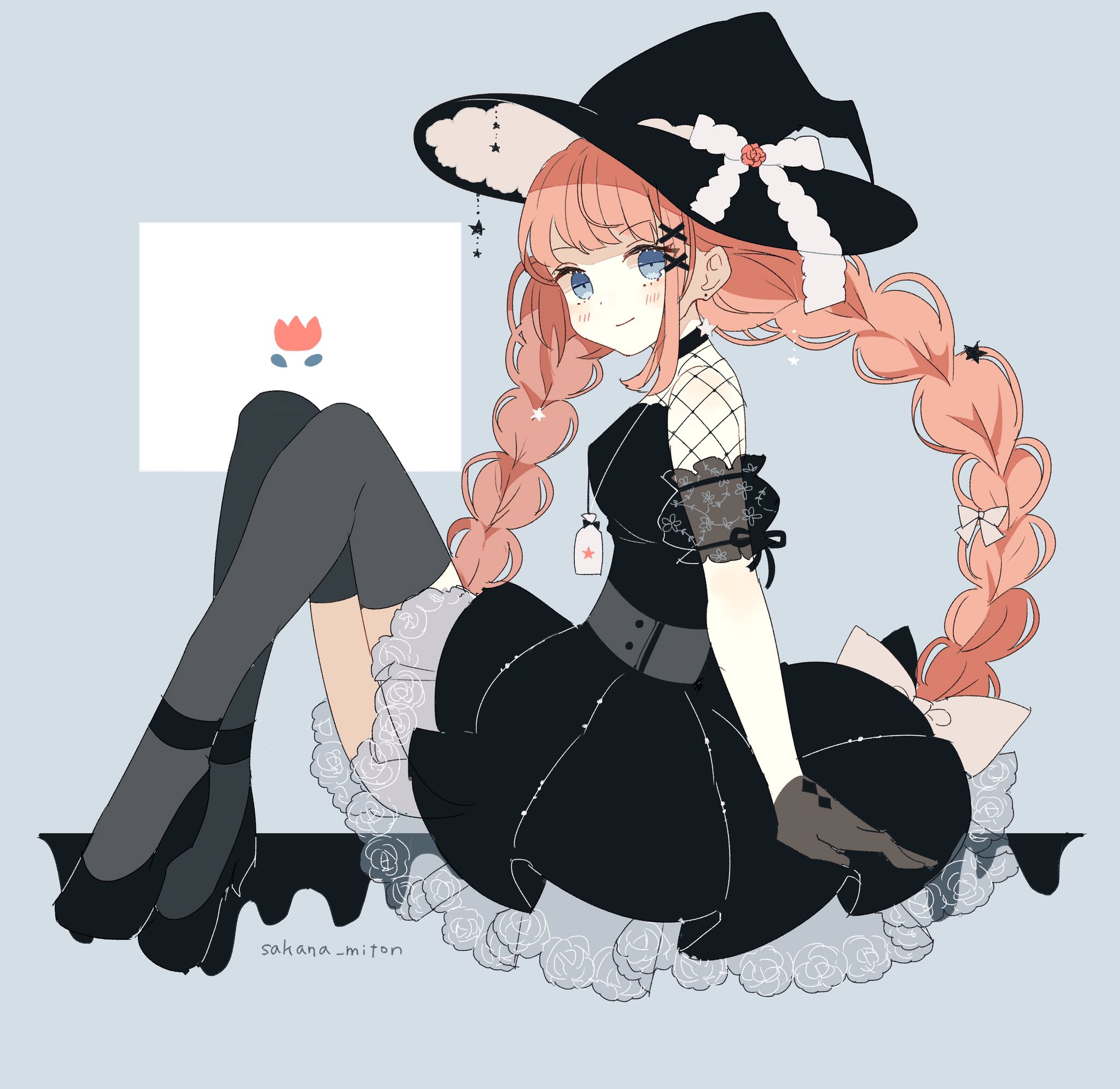 sakana-miton, top speed, mahou shoujo ikusei keikaku, highres, black thighhighs, blue eyes, blush, bow, bowtie, braid, closed mouth, dress, frilled dress, frills, hair ornament, hat, hime cut, jewelry, long hair, magical girl, necklace, orange hair, shoes, sitting, smile, thighhighs, twin braids, white bow, white bowtie, witch hat, x hair ornament
