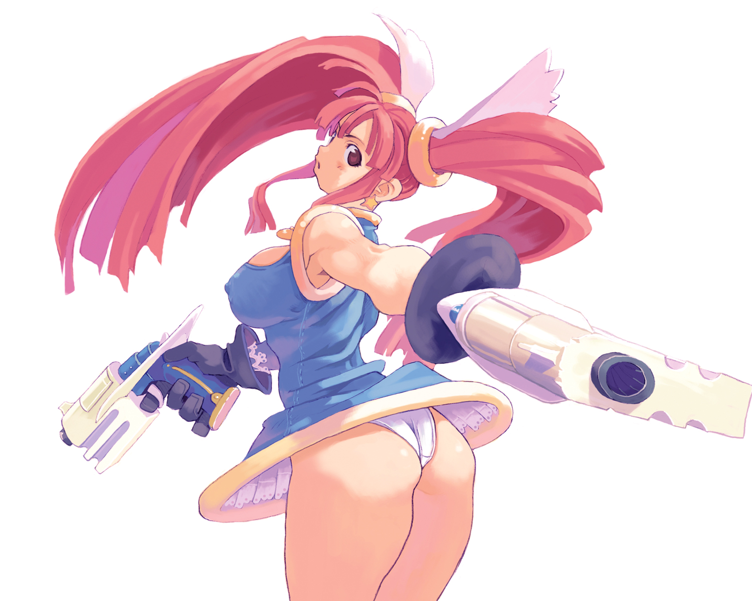 ryoji (nomura ryouji), original, highres, 1girl, armpits, ass, blush, boots, breasts, cleavage, covered erect nipples, curvy, dress, dual wielding, earrings, female focus, from behind, gloves, gun, holding, jewelry, large breasts, long hair, majima ryoji, panties, pink eyes, pink hair, red hair, short twintails, simple background, solo, star (symbol), thick thighs, thighs, twintails, underwear, upskirt, very long hair, weapon