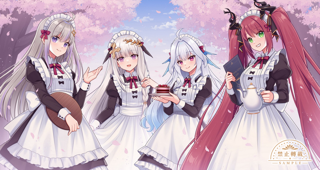 hitsuki rei, luxida vega, nera (reverie), robetta (reverie), commentary request, 4girls, :d, ahoge, apron, black dress, blue hair, blue sky, bow, braid, breasts, cake, closed mouth, cloud, collared dress, day, dress, food, frilled apron, frilled dress, frills, fruit, gradient hair, green eyes, grey hair, grin, hair intakes, hand up, holding, holding menu, holding teapot, holding tray, horns, juliet sleeves, long hair, long sleeves, maid, maid apron, maid headdress, medium breasts, menu, multicolored hair, multiple girls, open mouth, outdoors, petals, puffy sleeves, purple eyes, purple hair, red bow, red hair, reverie (vtuber), sample watermark, seri (reverie), sky, smile, strawberry, streaked hair, teapot, tray, tree, twintails, very long hair, virtual youtuber, watermark, white apron