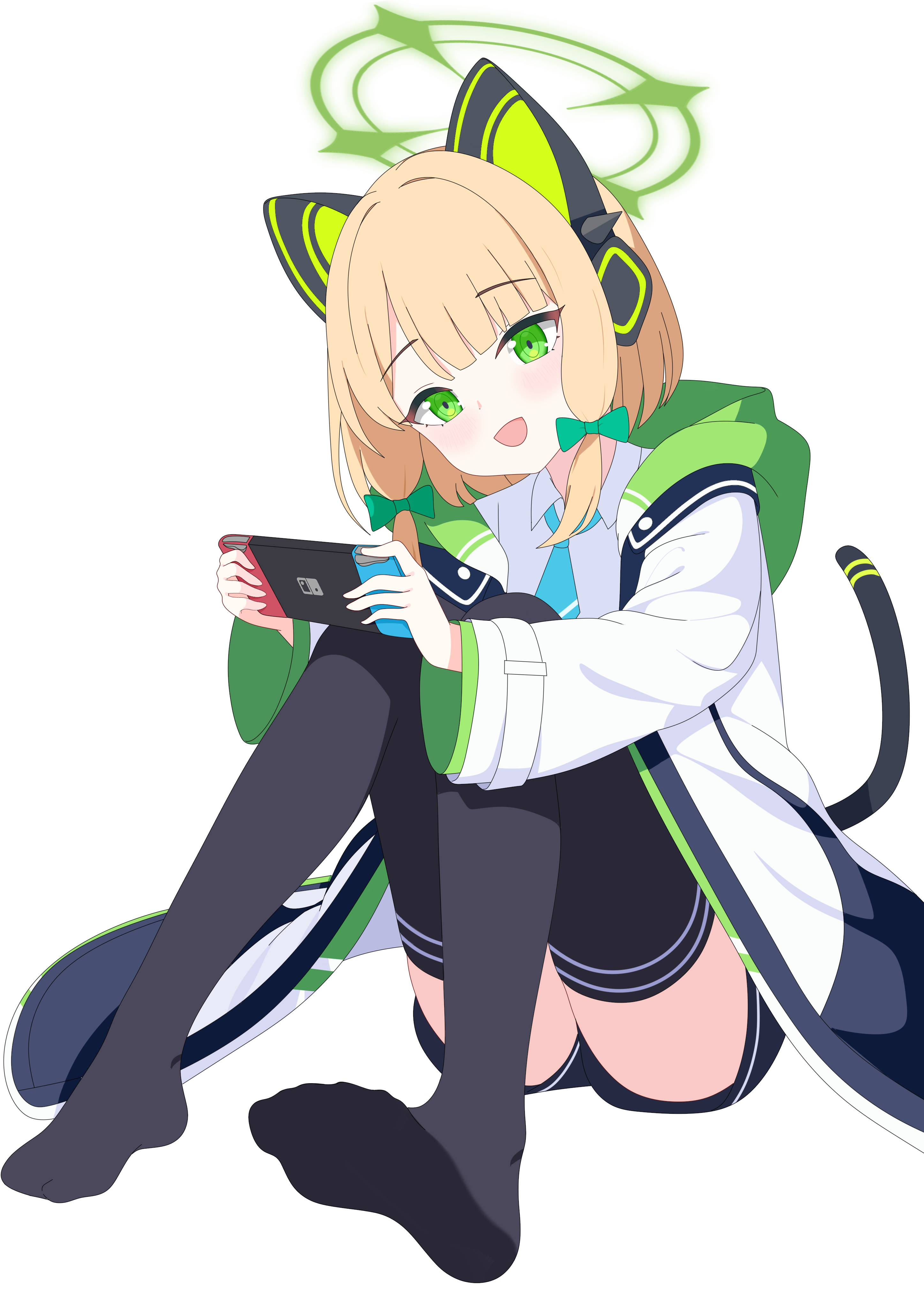 baozi 9527, midori (blue archive), blue archive, absurdres, chinese commentary, commentary request, highres, mixed-language commentary, 1girl, :d, animal ear headphones, animal ears, aqua necktie, black jacket, black shorts, black tail, black thighhighs, blonde hair, blunt bangs, blush, bow, cat ear headphones, cat ears, cat tail, collared shirt, fake animal ears, fake tail, full body, green bow, green eyes, green halo, green jacket, hair bow, halo, handheld game console, head tilt, headphones, holding, holding handheld game console, hood, hood down, hooded jacket, jacket, knees together feet apart, knees up, long sleeves, looking at viewer, low-tied sidelocks, multicolored jacket, necktie, nintendo switch, no shoes, open clothes, open jacket, open mouth, parted bangs, shirt, short hair, short necktie, short shorts, shorts, sidelocks, simple background, sitting, smile, soles, solo, tail, thighhighs, white background, white jacket, white shirt