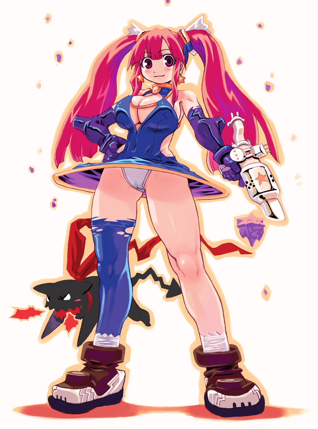 ryoji (nomura ryouji), original, highres, 1girl, ass, boots, breasts, cleavage, curvy, female focus, gloves, gun, hip focus, large breasts, legs, long hair, majima ryoji, panties, pantyshot, red hair, short twintails, solo, thighhighs, thighs, twintails, underwear, upskirt, very long hair, weapon