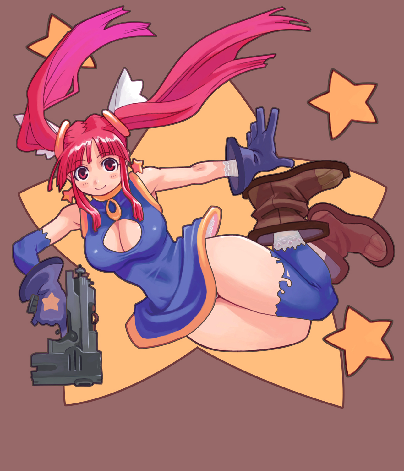 ryoji (nomura ryouji), original, highres, 1girl, asymmetrical gloves, boots, breasts, cleavage, cleavage cutout, clothing cutout, curvy, female focus, full body, gloves, gun, hip focus, large breasts, majima ryoji, red hair, short twintails, solo, thighhighs, thighs, twintails, uneven gloves, upskirt, weapon, wide hips