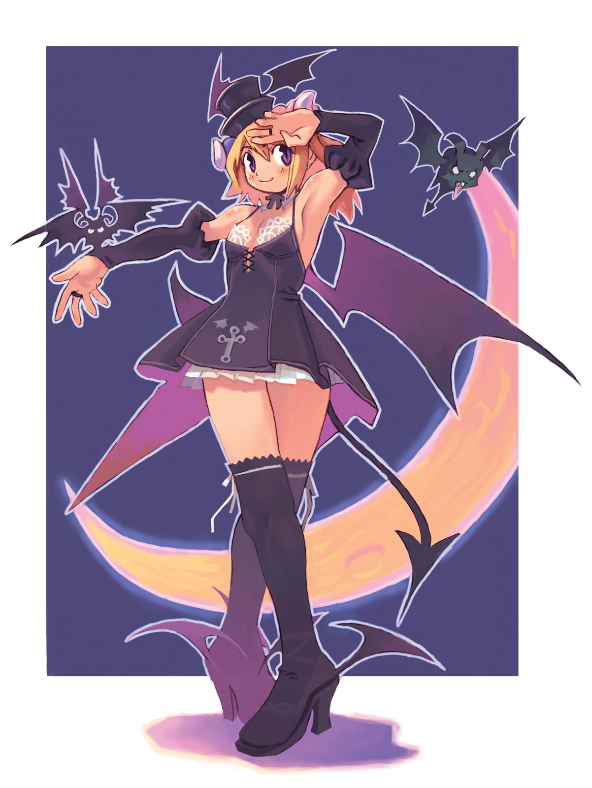 ryoji (nomura ryouji), original, highres, 1girl, bat (animal), bat wings, black thighhighs, boots, breasts, cleavage, demon girl, female focus, full body, hat, lace, large breasts, majima ryoji, outline, outside border, salute, skirt, solo, standing, thighhighs, thighs, top hat, wings, zettai ryouiki