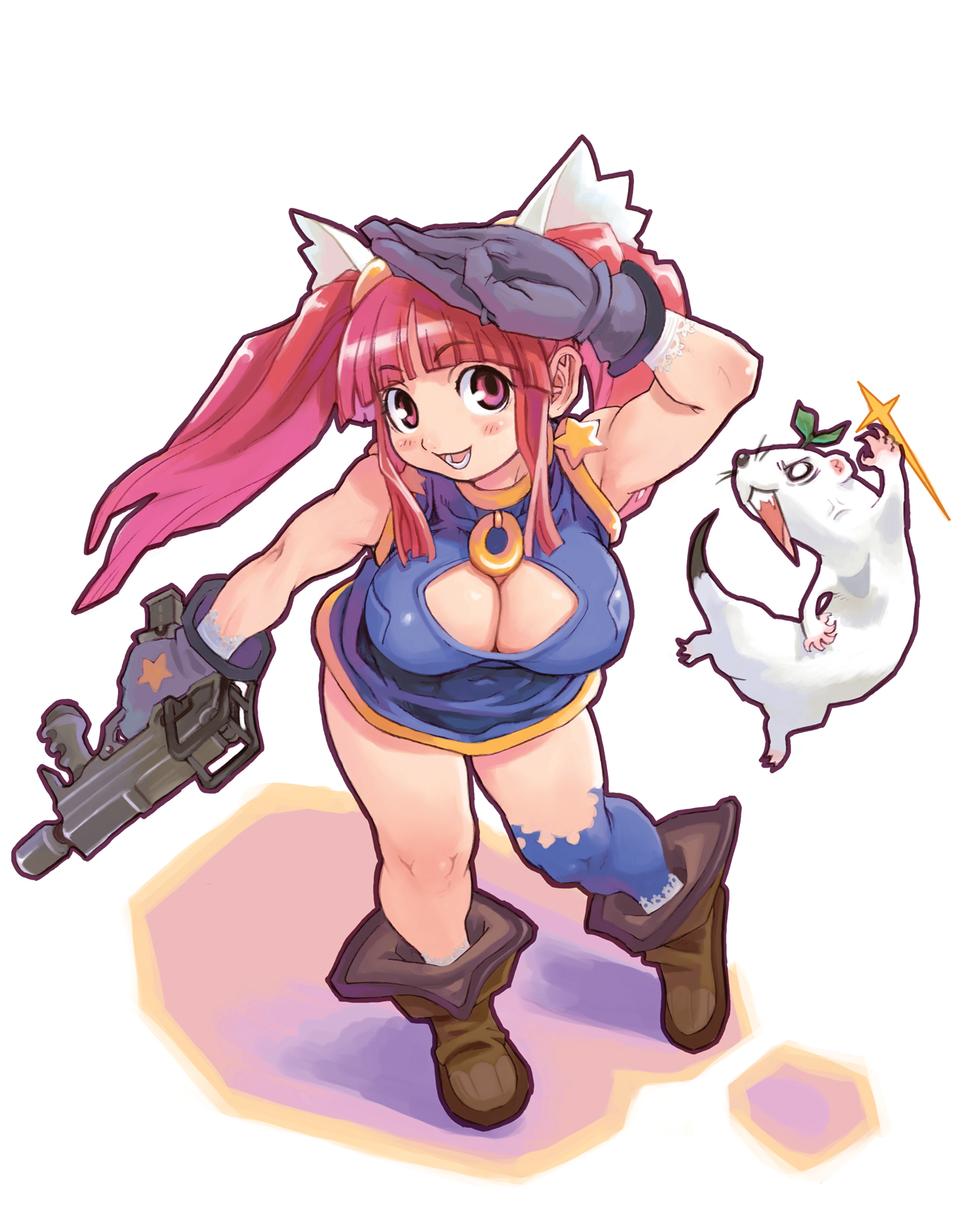 ryoji (nomura ryouji), original, highres, 1girl, blue thighhighs, blunt bangs, boots, breasts, brown boots, cleavage, cleavage cutout, clothing cutout, curvy, downblouse, female focus, full body, gloves, gun, majima ryoji, outline, red hair, salute, short twintails, solo, thighhighs, thighs, twintails, upskirt, weapon
