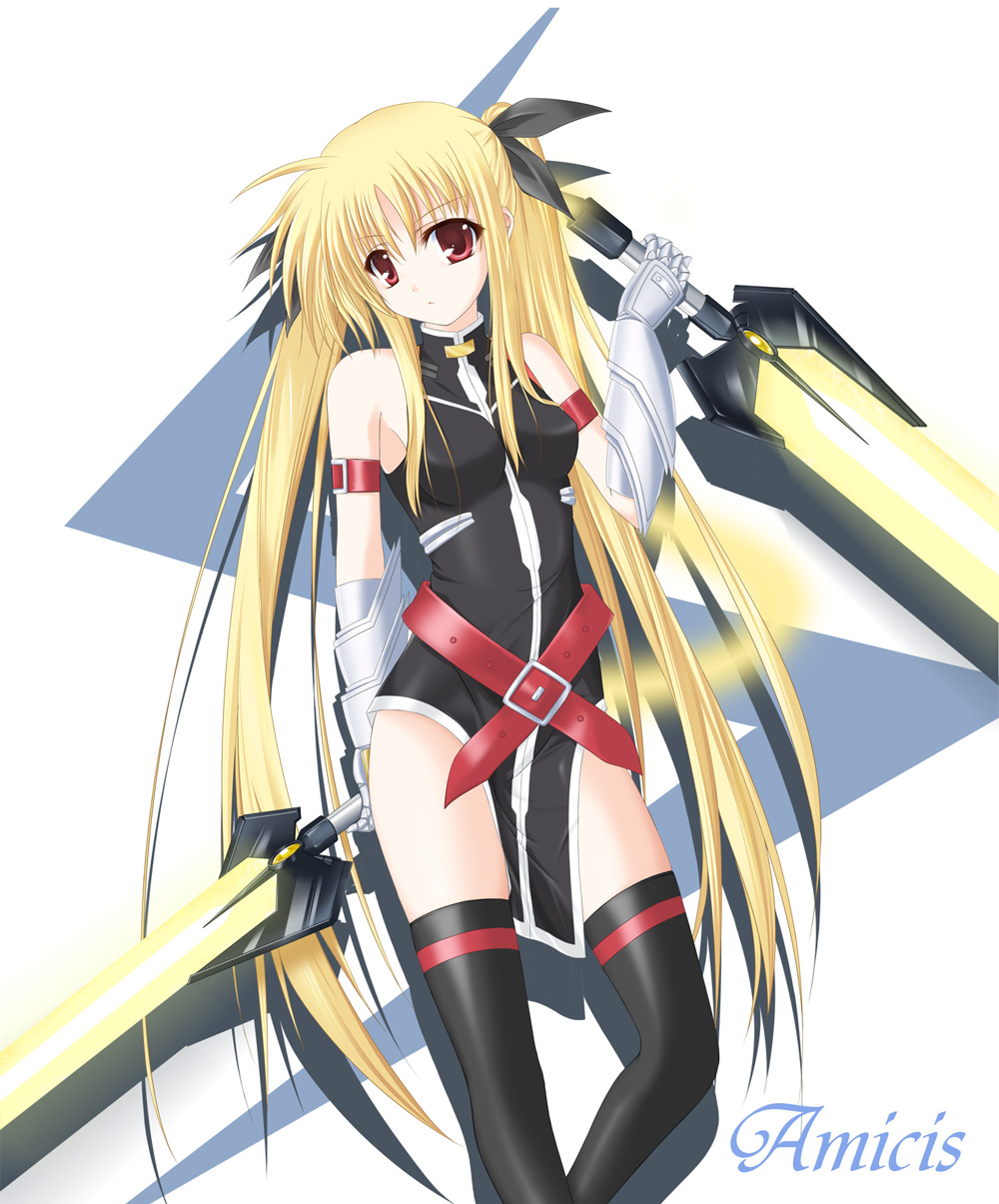 amicis, bardiche (nanoha), bardiche (riot zanber stinger) (nanoha), fate testarossa, fate testarossa (true sonic form), lyrical nanoha, mahou shoujo lyrical nanoha, mahou shoujo lyrical nanoha strikers, highres, 00s, blonde hair, energy sword, long hair, red eyes, solo, sword, thighhighs, twintails, very long hair, weapon