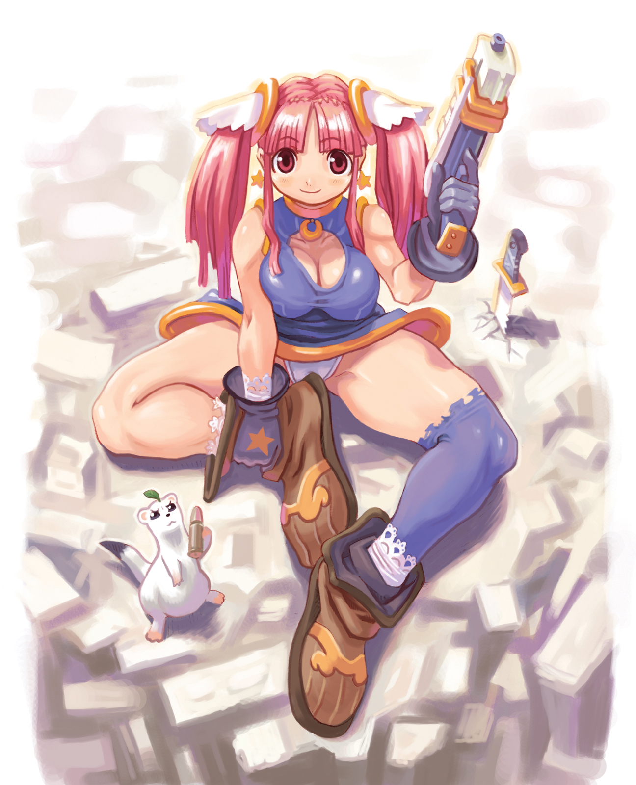 ryoji (nomura ryouji), original, highres, 1girl, boots, breasts, cleavage, cleavage cutout, clothing cutout, covered erect nipples, curvy, female focus, gloves, gun, large breasts, majima ryoji, panties, red hair, short twintails, solo, thighhighs, thighs, twintails, underwear, upskirt, weapon