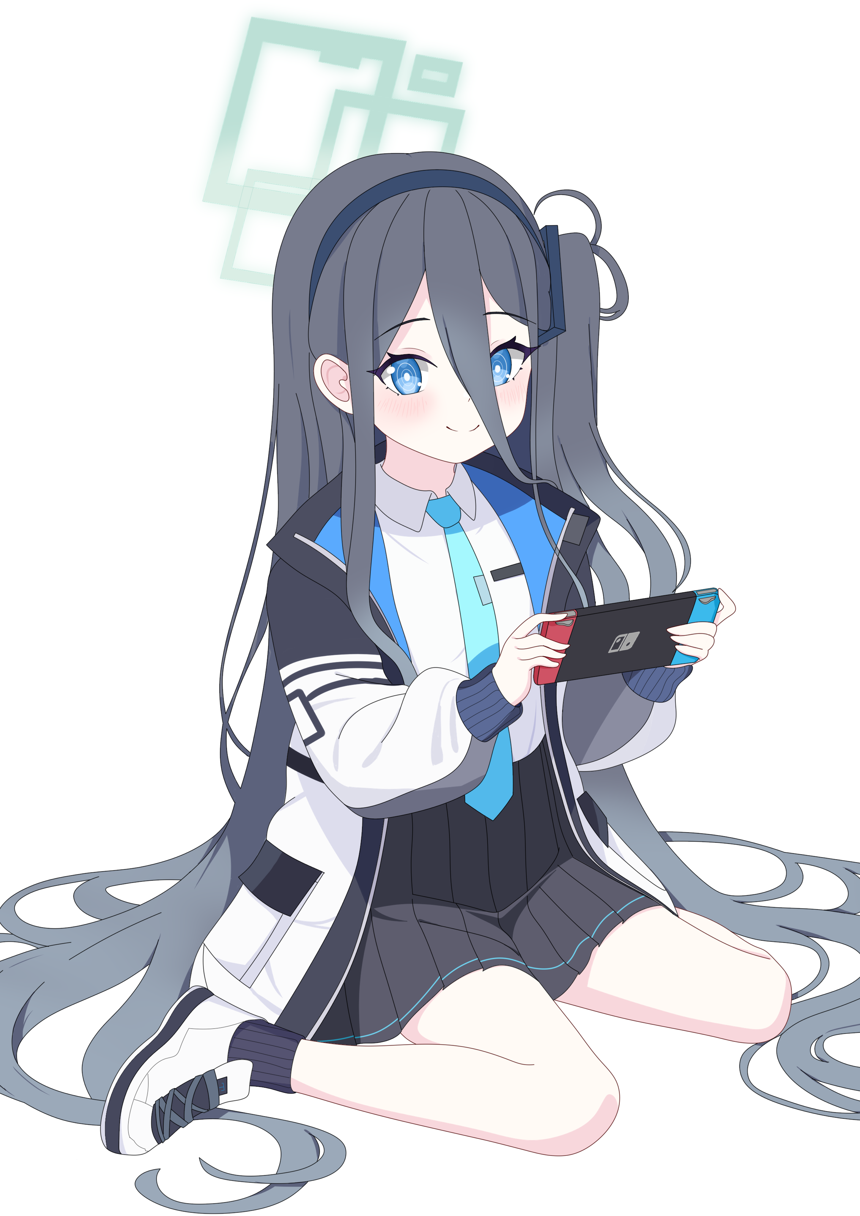 baozi 9527, aris (blue archive), blue archive, absurdres, chinese commentary, commentary request, highres, mixed-language commentary, 1girl, absurdly long hair, aqua halo, aqua necktie, black hairband, black jacket, black skirt, black socks, blue eyes, blue jacket, blush, bright pupils, closed mouth, collared shirt, double-parted bangs, full body, grey hair, hair between eyes, hair spread out, hairband, halo, handheld game console, holding, holding handheld game console, jacket, long bangs, long hair, long hair between eyes, long sidelocks, long sleeves, looking at viewer, necktie, nintendo switch, one side up, open clothes, open jacket, pleated skirt, pocket, puffy long sleeves, puffy sleeves, rectangular halo, ringed eyes, shirt, shoes, sidelocks, simple background, sitting, skirt, smile, sneakers, socks, solo, split mouth, tie clip, two-sided fabric, two-sided jacket, unzipped, very long hair, wariza, white background, white jacket, white pupils, white shirt, white shoes