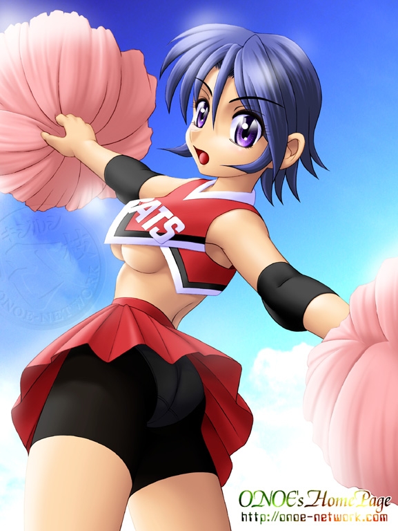 onoe, taki suzuna, eyeshield 21, 00s, 1girl, ass, bike shorts, blue hair, breasts, cheerleader, female focus, medium breasts, pom pom (cheerleading), purple eyes, solo, underboob