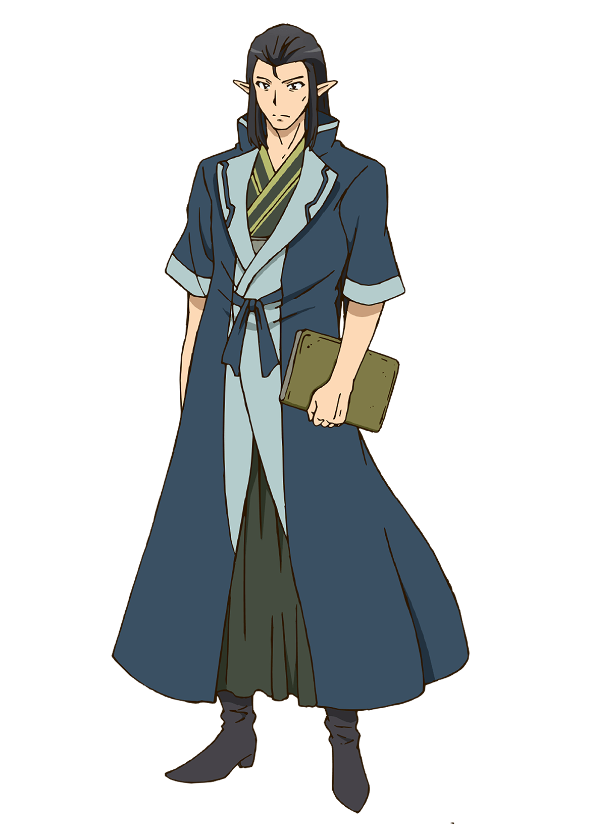 masudate toshihide, leadale no daichi nite, highres, official art, 1boy, anime coloring, black boots, black hair, blue coat, book, boots, caerick (leadale no daichi nite), closed mouth, coat, collared coat, elf, full body, green kimono, hair slicked back, holding, holding book, japanese clothes, kimono, looking at viewer, pointy ears, short sleeves, sidelocks, simple background, solo, standing, transparent background, v-shaped eyebrows