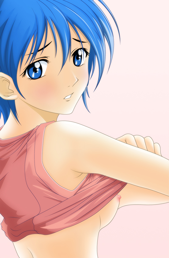 asahina suzuka, suzuka, 00s, 1girl, blue eyes, blue hair, breasts, clothes lift, female focus, matching hair/eyes, medium breasts, nipples, shirt lift, short hair, solo