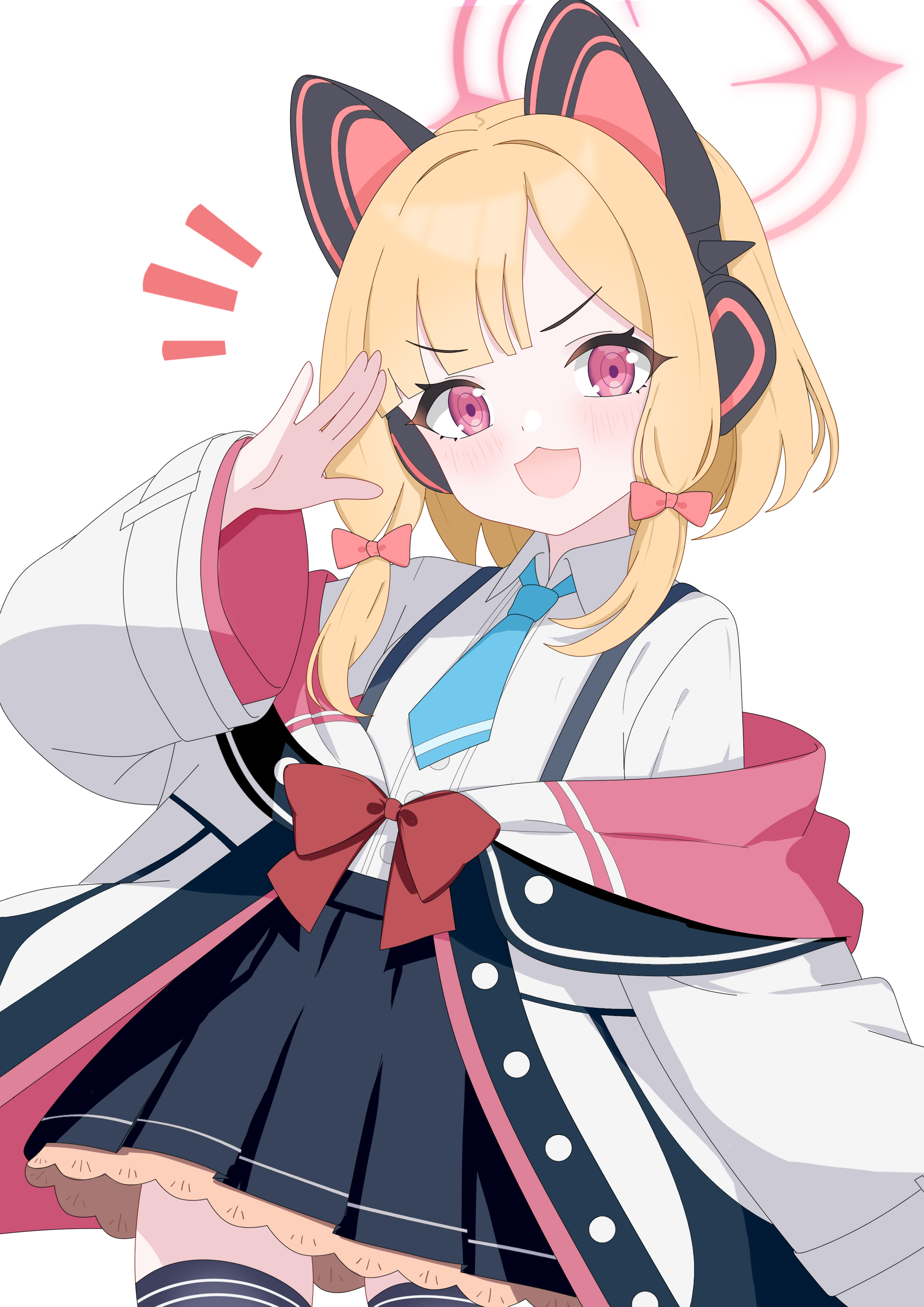 baozi 9527, momoi (blue archive), blue archive, absurdres, chinese commentary, commentary, highres, mixed-language commentary, 1girl, :3, :d, animal ear headphones, animal ears, arm at side, black jacket, black skirt, black thighhighs, blonde hair, blue necktie, blunt bangs, blush, bow, buttons, cat ear headphones, cat ears, collared shirt, cowboy shot, dress shirt, fake animal ears, frilled skirt, frills, hair bow, halo, hand up, headphones, jacket, long sleeves, looking at viewer, low-tied sidelocks, multicolored jacket, necktie, notice lines, off shoulder, open mouth, parted bangs, pink bow, pink eyes, pink halo, pink jacket, pleated skirt, shirt, short hair, sidelocks, simple background, skirt, smile, solo, suspender skirt, suspenders, thighhighs, two-sided fabric, two-sided jacket, unbuttoned, v-shaped eyebrows, white background, white jacket, white shirt, wide sleeves