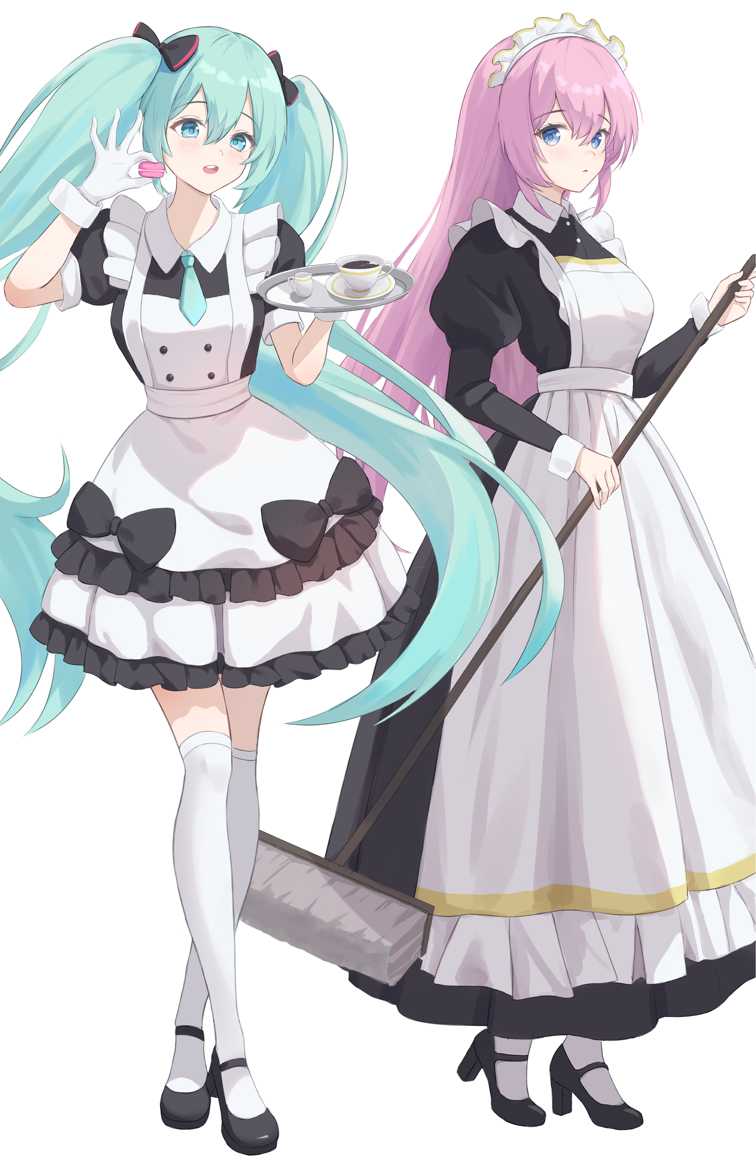 sunfee, hatsune miku, megurine luka, vocaloid, absurdres, highres, 2girls, alternate costume, apron, aqua eyes, aqua hair, aqua necktie, breasts, broom, closed mouth, food, frilled apron, frilled hairband, frills, full body, gloves, green eyes, hairband, holding, holding broom, long hair, long sleeves, macaron, maid, maid apron, maid headdress, medium breasts, multiple girls, necktie, open mouth, pink hair, puffy long sleeves, puffy short sleeves, puffy sleeves, short sleeves, simple background, thighhighs, twintails, very long hair, white apron, white background, white gloves, white thighhighs