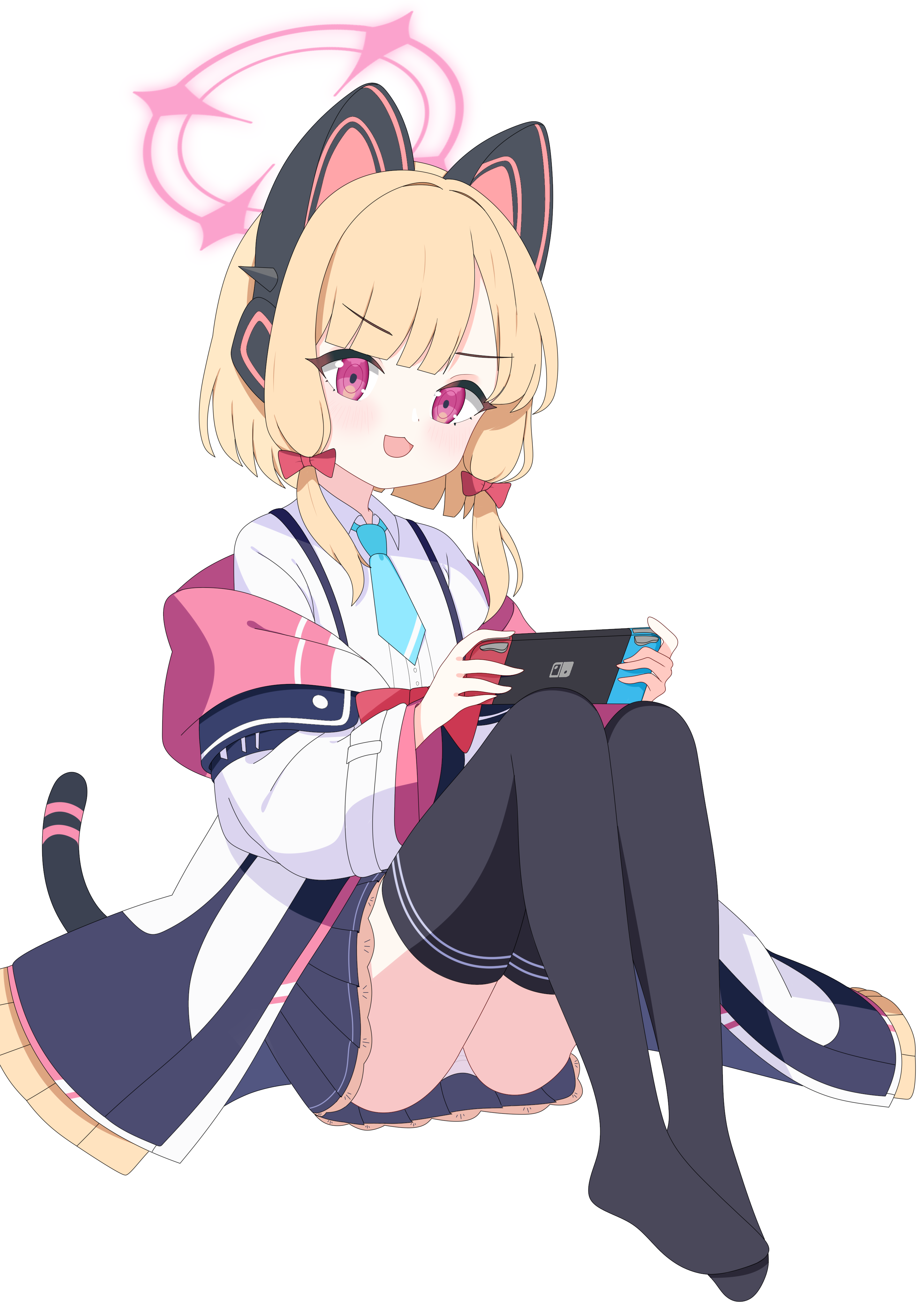 baozi 9527, momoi (blue archive), blue archive, absurdres, chinese commentary, commentary request, highres, mixed-language commentary, 1girl, :3, :d, animal ear headphones, animal ears, aqua necktie, black jacket, black skirt, black tail, black thighhighs, blonde hair, blunt bangs, blunt ends, blush, bow, buttons, cat ear headphones, cat ears, cat tail, collared shirt, dress shirt, fake animal ears, fake tail, frilled jacket, frilled skirt, frills, hair bow, halo, handheld game console, headphones, holding, holding handheld game console, hood, hood down, hooded jacket, jacket, knees up, legs together, long sleeves, looking at viewer, low-tied sidelocks, miniskirt, multicolored jacket, necktie, nintendo switch, no shoes, off shoulder, open mouth, panties, pantyshot, parted bangs, pink eyes, pink halo, pink jacket, pleated skirt, red bow, shirt, short hair, short necktie, sidelocks, simple background, sitting, skirt, smile, solo, suspender skirt, suspenders, tail, thighhighs, unbuttoned, underwear, white background, white jacket, white panties, white shirt