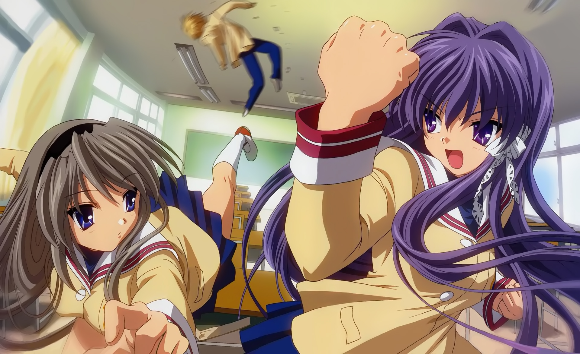 fujibayashi kyou, sakagami tomoyo, sunohara youhei, clannad, white legwear, highres, >:d, 00s, 1boy, 2girls, :d, angry, bent over, blonde hair, blue eyes, blue hair, blurry, book, breasts, buttons, ceiling, chain, chair, chalkboard, classroom, clenched hands, curtains, depth of field, desk, expressionless, floating hair, foreshortening, gradient hair, grey hair, hair between eyes, hair intakes, hair ribbon, indoors, kicking, kneehighs, kneepits, lace, long hair, long sleeves, looking afar, multicolored hair, multiple girls, open mouth, outstretched arm, pants, pleated skirt, punching, purple eyes, purple hair, raised fist, ribbon, school, school desk, school uniform, serafuku, shirt, shoes, short hair, skirt, sleeve cuffs, smile, socks, standing, standing on one leg, tress ribbon, turtleneck, uppercut, uwabaki, v-shaped eyebrows, very long hair, window