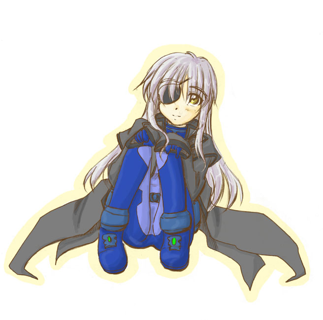 zero point, cinque (nanoha), numbers (nanoha), lyrical nanoha, mahou shoujo lyrical nanoha, mahou shoujo lyrical nanoha strikers, 00s, 1girl, eyepatch, female focus, grey hair, solo, yellow eyes