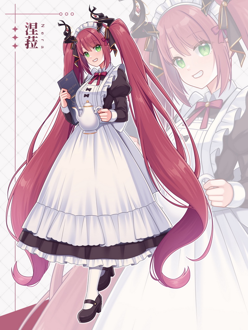 hitsuki rei, nera (reverie), 1girl, apron, black shoes, breasts, character name, dress, frilled dress, frills, full body, green eyes, grey background, grin, holding, holding menu, holding teapot, horns, juliet sleeves, long hair, long sleeves, maid, maid apron, maid headdress, medium breasts, menu, pantyhose, puffy sleeves, red hair, reverie (vtuber), shoes, smile, solo, standing, standing on one leg, teapot, twintails, very long hair, virtual youtuber, white pantyhose, zoom layer
