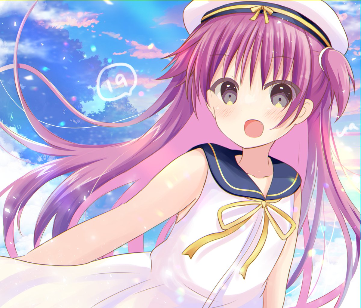 ura (ura-tennislove), katou umi, summer pockets, commentary request, 1girl, :d, arms at sides, blue sailor collar, blue sky, blush, cloud, day, dress, dutch angle, episode number, eyes visible through hair, fang, floating hair, grey eyes, hair between eyes, happy, hat, light particles, long hair, looking at viewer, open mouth, outdoors, pink hair, sailor collar, sailor dress, sailor hat, sky, sleeveless, sleeveless dress, smile, solo, speech bubble, straight hair, two side up, upper body, very long hair, white dress, white hat