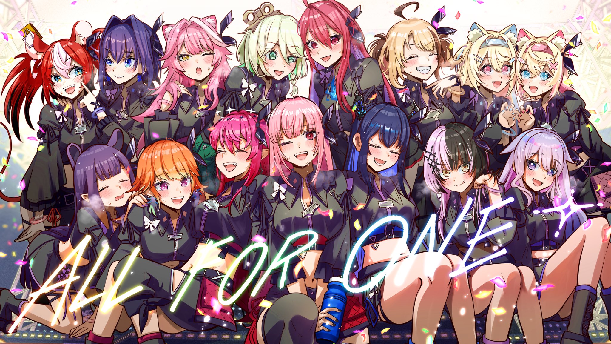 iris (tb33064667), cecilia immergreen, elizabeth rose bloodflame, fuwawa abyssgard, gigi murin, hakos baelz, irys (hololive), koseki bijou, mococo abyssgard, mori calliope, nerissa ravencroft, ninomae ina'nis, ouro kronii, raora panthera, shiori novella, takanashi kiara, hololive, hololive english, commentary, highres, 6+girls, ahoge, animal ears, asymmetrical horns, black boots, black hair, black jacket, black pants, black skirt, blonde hair, blue eyes, blue hair, blue hairband, blush, boots, bow, breasts, brown hair, closed eyes, cropped jacket, demon horns, dog ears, dog girl, english text, green eyes, green hair, grin, hair intakes, hairband, horn hairband, horns, jacket, kneeling, leaning forward, long hair, looking at another, looking at viewer, midriff, mole, mole under eye, mouse ears, mouse girl, mouse tail, multicolored hair, multiple girls, navel, one eye closed, open mouth, orange hair, panther ears, panther girl, pants, pink eyes, pink hair, pink hairband, purple eyes, purple hair, red eyes, red hair, sharp teeth, sitting, skirt, smile, split-color hair, standing, streaked hair, sweatdrop, tail, teeth, virtual youtuber, white bow, white hair, winding key, yellow eyes