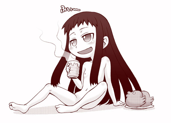 kouda tomohiro, jakuri (ar tonelico), ar tonelico, ar tonelico ii, gust, 00s, 1girl, barefoot, bird, chibi, cup, female focus, flat chest, funbuns, monochrome, nipples, nude, solo, tea, yunomi