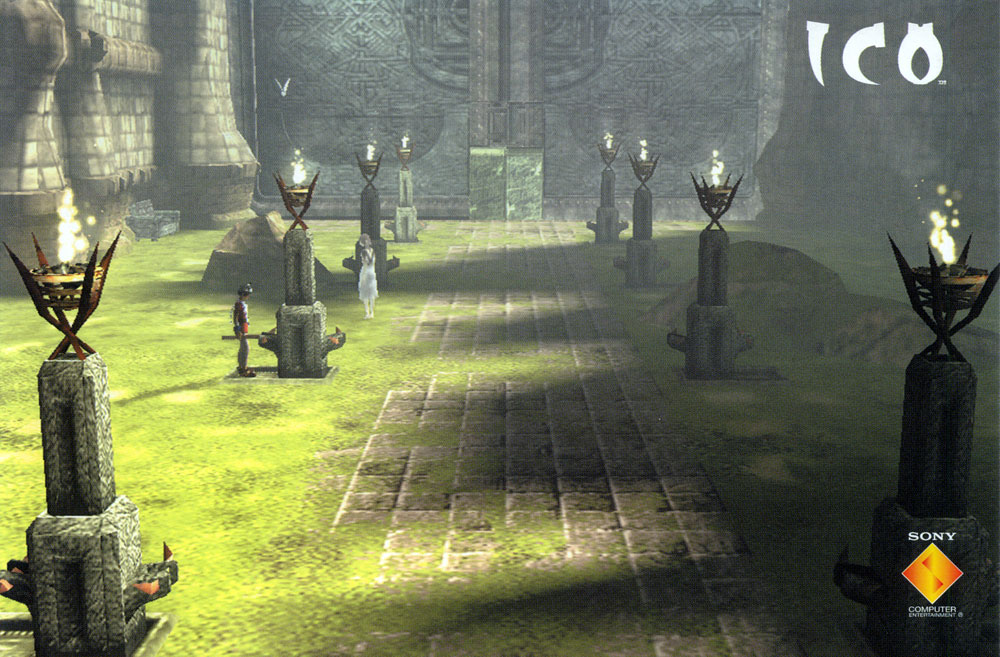 ico (character), yorda, ico, sony, scan, 1boy, 1girl, 3d, black hair, blonde hair, dark skin, fire, grass, pale skin, pavement, surcoat
