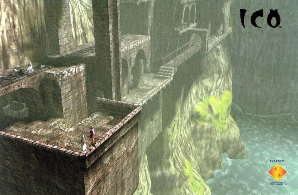 ico (character), yorda, ico, screencap, official art, scan, 1boy, 1girl, architecture, bridge, copyright name, scenery, water