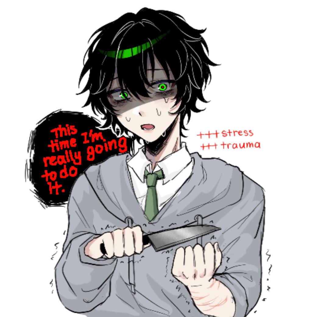 kylar (degrees of lewdity), kylar (male) (degrees of lewdity), degrees of lewdity, 1boy, black hair, boo3eebig, clenched hand, collared shirt, english text, green eyes, green necktie, grey hoodie, holding, holding knife, hood, hoodie, knife, looking at viewer, necktie, open mouth, scar, scar on arm, shirt, short hair, solo, sweat, upper body, white shirt