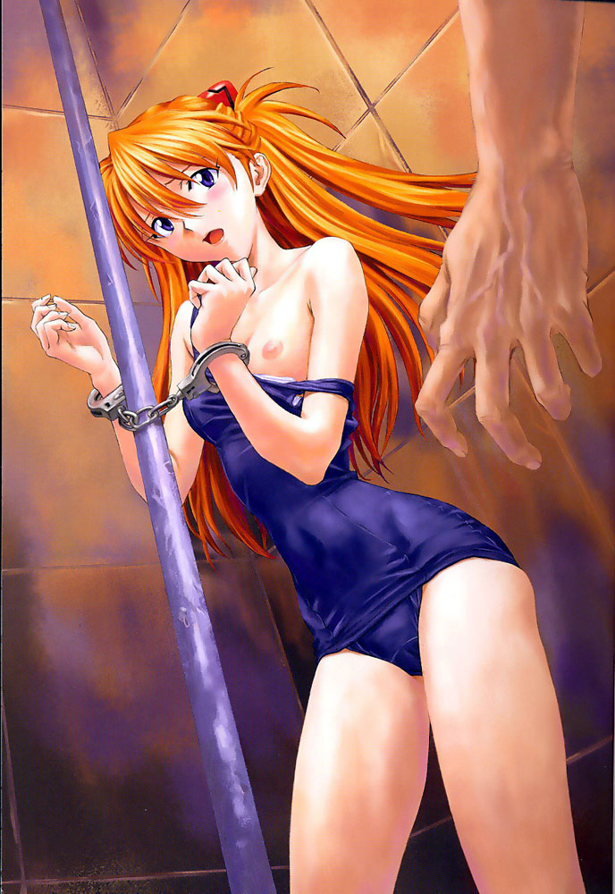 izurumi, souryuu asuka langley, neon genesis evangelion, 1boy, 1girl, bare shoulders, bdsm, blue eyes, blush, bondage, bound, breast slip, breasts, clothes pull, cuffs, hair ornament, handcuffs, imminent rape, long hair, male hand, nipples, one-piece swimsuit, one-piece swimsuit pull, one breast out, open mouth, orange hair, school swimsuit, solo focus, strap slip, swimsuit, twintails, two side up, undressing