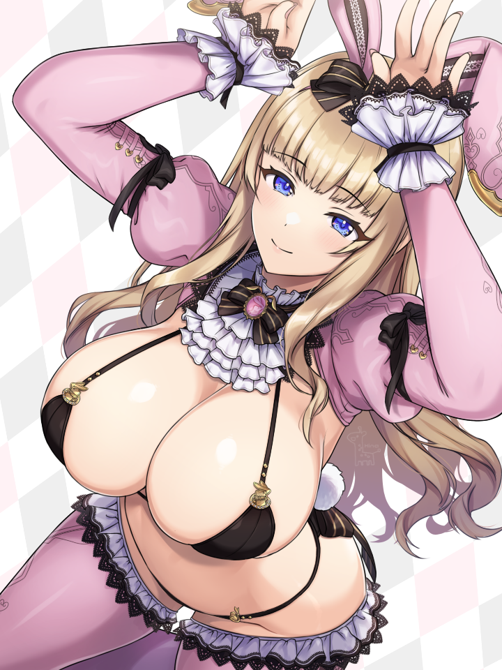 hina (cassissoda), kirahoshi kanna, dolphin wave, 1girl, animal ears, argyle background, arms up, bikini, black bikini, blonde hair, blue eyes, blush, bow, bowtie, breasts, brooch, cleavage, closed mouth, fake animal ears, frills, jewelry, large breasts, leaning forward, long hair, long sleeves, looking at viewer, pink thighhighs, rabbit ears, shrug (clothing), smile, solo, swimsuit, thighhighs