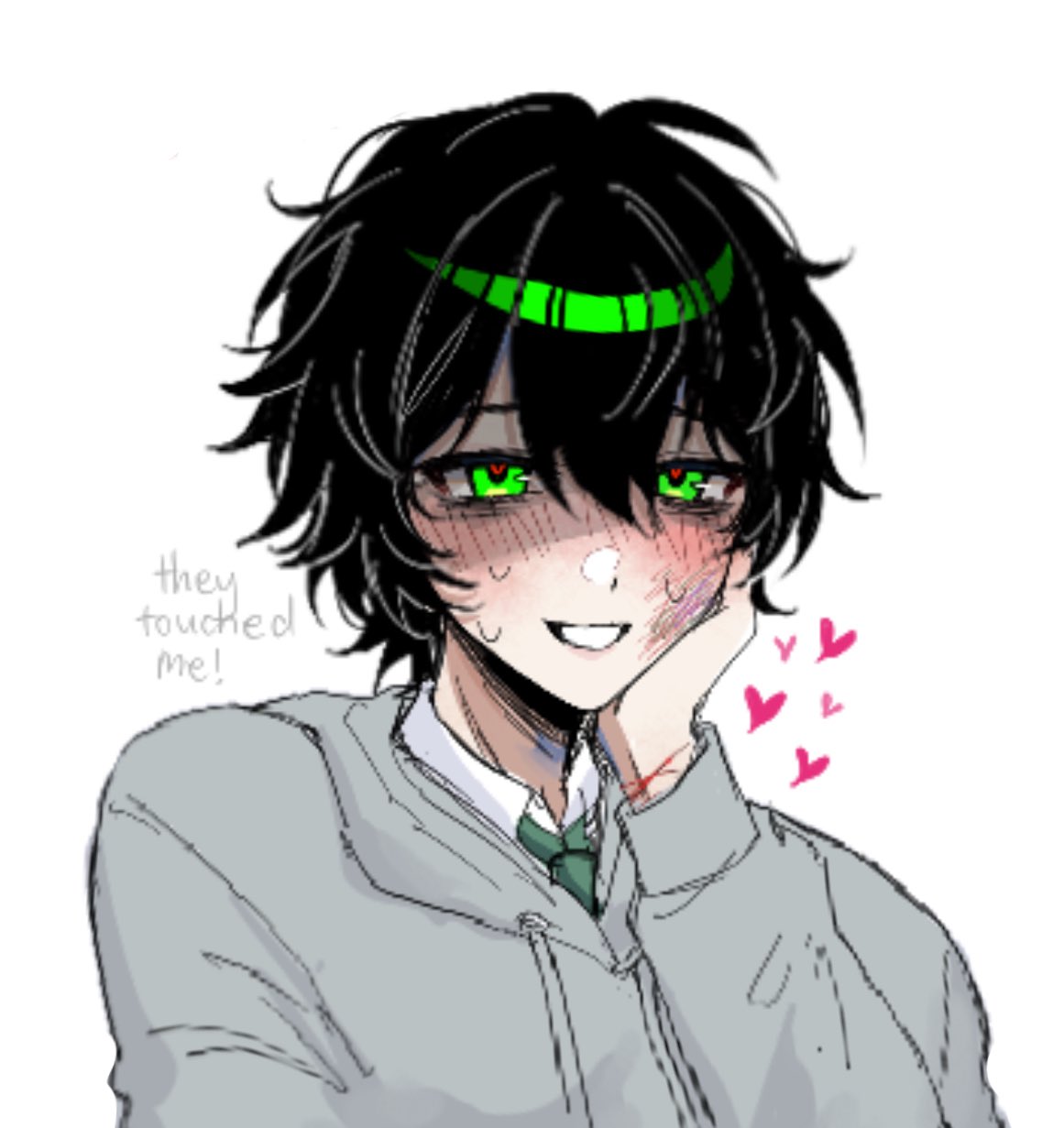 kylar (degrees of lewdity), kylar (male) (degrees of lewdity), degrees of lewdity, highres, 1boy, black hair, blush, boo3eebig, collared shirt, english text, green eyes, green necktie, grey hoodie, heart, hood, hoodie, looking at viewer, necktie, shirt, short hair, simple background, solo, sweat, upper body, white background, white shirt
