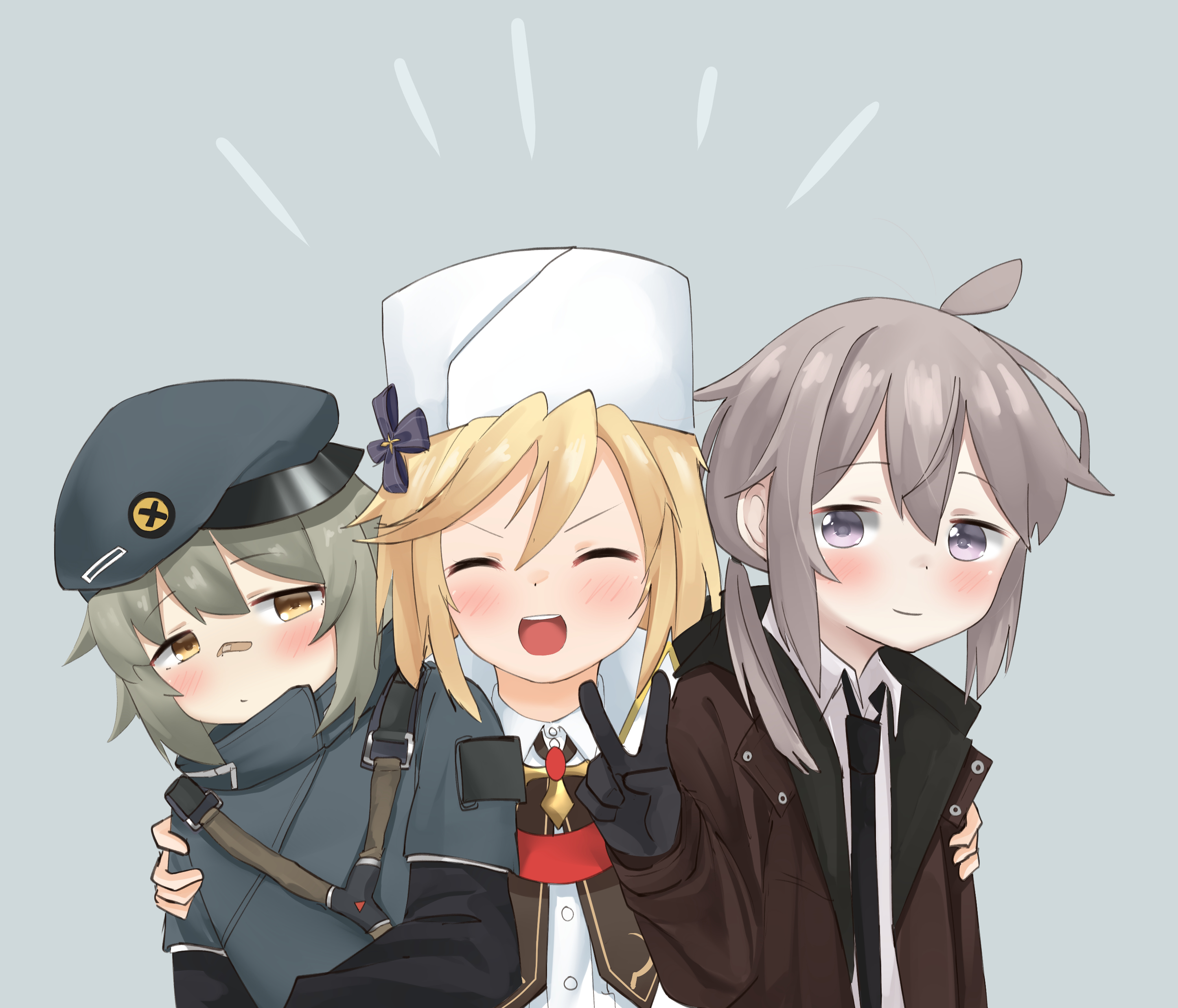 pepsi2330, hs2000 (girls' frontline), m200 (girls' frontline), nagant revolver (girls' frontline), girls' frontline, absurdres, highres, 3girls, ahoge, beret, blue eyes, blush, gloves, happy, hat, jacket, light smile, looking at viewer, multiple girls, necktie, open clothes, open jacket, ponytail, simple background, smile, strap