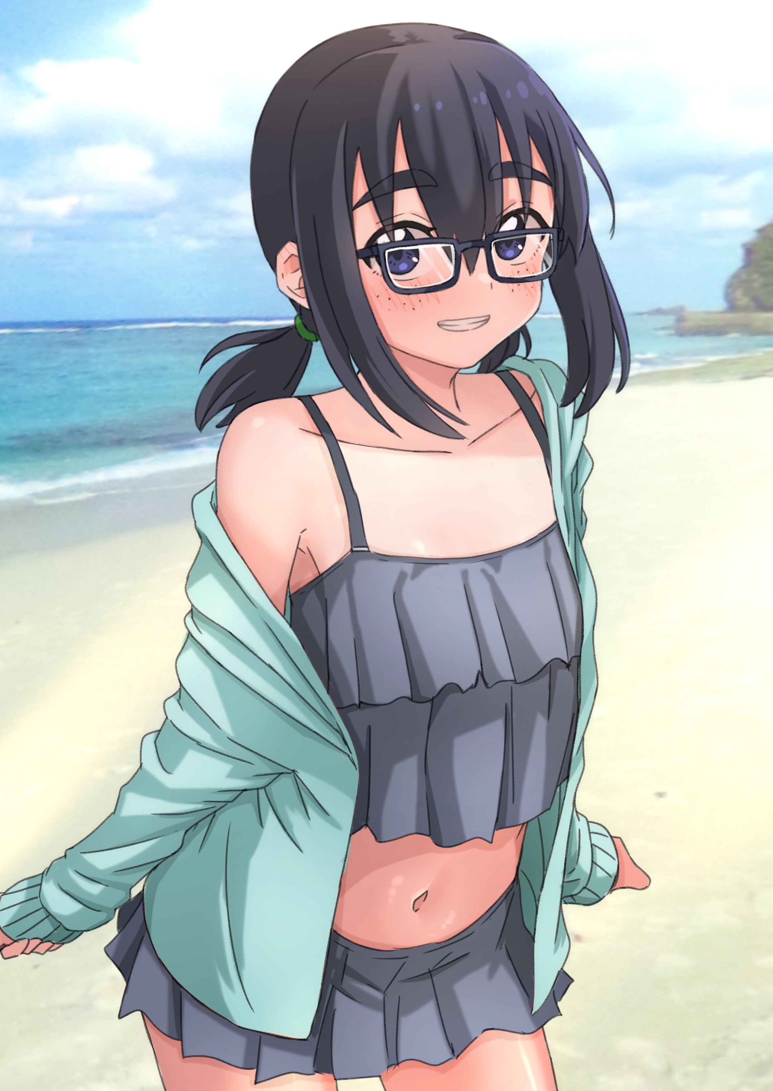 hakuino hakase, original, absurdres, commentary, highres, variant set, 1girl, beach, bikini, bikini skirt, black-framed eyewear, black bikini, black hair, blue eyes, blue sky, breasts, cloud, cowboy shot, day, freckles, frilled bikini, frills, glasses, green jacket, grin, hair between eyes, horizon, jacket, long sleeves, looking at viewer, low twintails, navel, ocean, off-shoulder jacket, off shoulder, open clothes, open jacket, outdoors, ruffle bikini, short twintails, sidelocks, single off shoulder, sky, sleeves past wrists, small breasts, smile, solo, standing, swimsuit, twintails