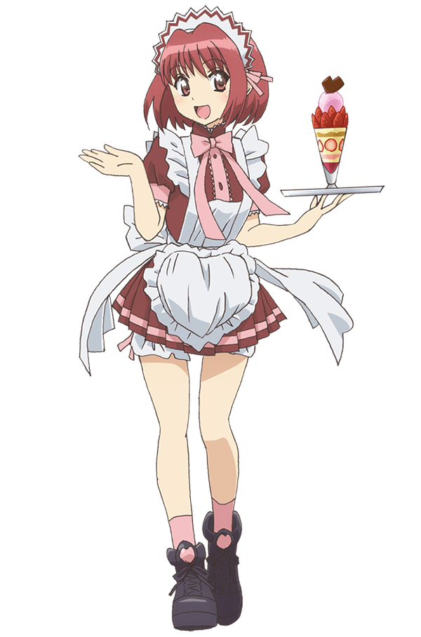 ishino satoshi, momomiya ichigo, tokyo mew mew, tokyo mew mew new, official art, 1girl, :d, anime coloring, apron, blush, bow, bowtie, breasts, collared shirt, food, frilled apron, frills, full body, grey shoes, hand up, headdress, holding, holding tray, looking at viewer, medium breasts, miniskirt, open hand, open mouth, parfait, pink bow, pink socks, pleated skirt, puffy short sleeves, puffy sleeves, red shirt, red skirt, shirt, shoes, short hair, short sleeves, simple background, skirt, smile, socks, solo, standing, strawberry parfait, thighs, transparent background, tray, waist apron, white apron