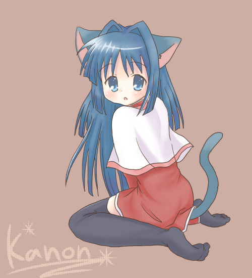 sakuramori sumomo, minase nayuki, kanon, 1girl, animal ears, blue eyes, blue hair, cat ears, cat tail, female focus, long hair, matching hair/eyes, red skirt, school uniform, serafuku, skirt, solo, tail, thighhighs, zettai ryouiki