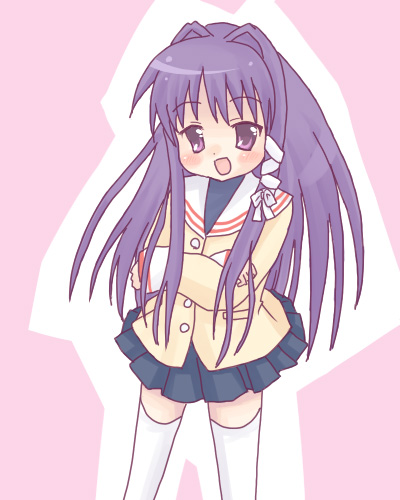 sakuramori sumomo, fujibayashi kyou, clannad, lowres, 00s, 1girl, female focus, long hair, purple eyes, purple hair, school uniform, serafuku, solo, thighhighs, zettai ryouiki