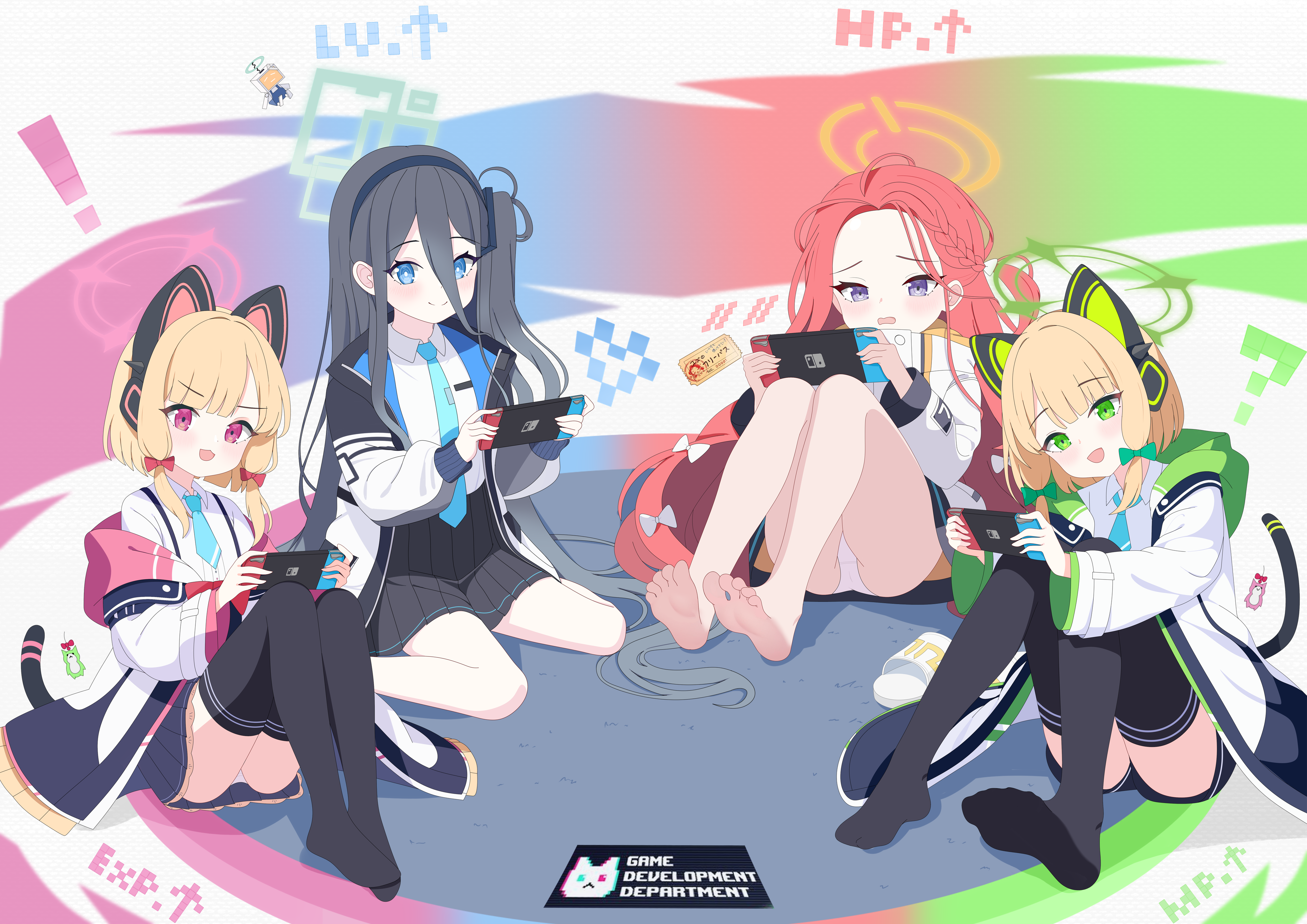 baozi 9527, aris (blue archive), kei (robot) (blue archive), midori (blue archive), momoi (blue archive), yuzu (blue archive), blue archive, absurdres, chinese commentary, commentary request, highres, mixed-language commentary, !, 4girls, :3, :d, ?, absurdly long hair, animal ear headphones, animal ears, aqua halo, aqua necktie, barefoot, black hairband, black jacket, black shorts, black skirt, black socks, black tail, black thighhighs, blonde hair, blue eyes, blue jacket, blunt bangs, blunt ends, blush, bow, braid, bright pupils, buttons, cat ear headphones, cat ears, cat tail, closed mouth, collared shirt, colorful background, double-parted bangs, dress shirt, embarrassed, fake animal ears, fake tail, forehead, frilled jacket, frilled skirt, frills, full body, game development department (blue archive), green bow, green eyes, green halo, green jacket, grey hair, hair between eyes, hair bow, hair spread out, hairband, halo, handheld game console, head tilt, headphones, heart, holding, holding handheld game console, hood, hood down, hooded jacket, jacket, knees together feet apart, knees up, legs together, long bangs, long hair, long hair between eyes, long sidelocks, long sleeves, looking at viewer, low-tied sidelocks, miniskirt, multicolored jacket, multiple girls, necktie, nintendo switch, no pants, no shoes, off shoulder, one side up, open clothes, open jacket, open mouth, orange halo, panties, pantyshot, parted bangs, pink eyes, pink halo, pink jacket, pixel heart, pleated skirt, pocket, power symbol, puffy long sleeves, puffy sleeves, purple eyes, rectangular halo, red bow, red hair, ringed eyes, sandals, shadow, shirt, shoes, short hair, short necktie, short shorts, shorts, siblings, sidelocks, single braid, sisters, sitting, skirt, slides, smile, sneakers, socks, soles, split mouth, suspender skirt, suspenders, tail, thighhighs, thighs, ticket, tie clip, toes, twins, two-sided fabric, two-sided jacket, unbuttoned, underwear, unworn sandals, unzipped, very long hair, wariza, white background, white bow, white jacket, white panties, white pupils, white sandals, white shirt, white shoes, yellow jacket