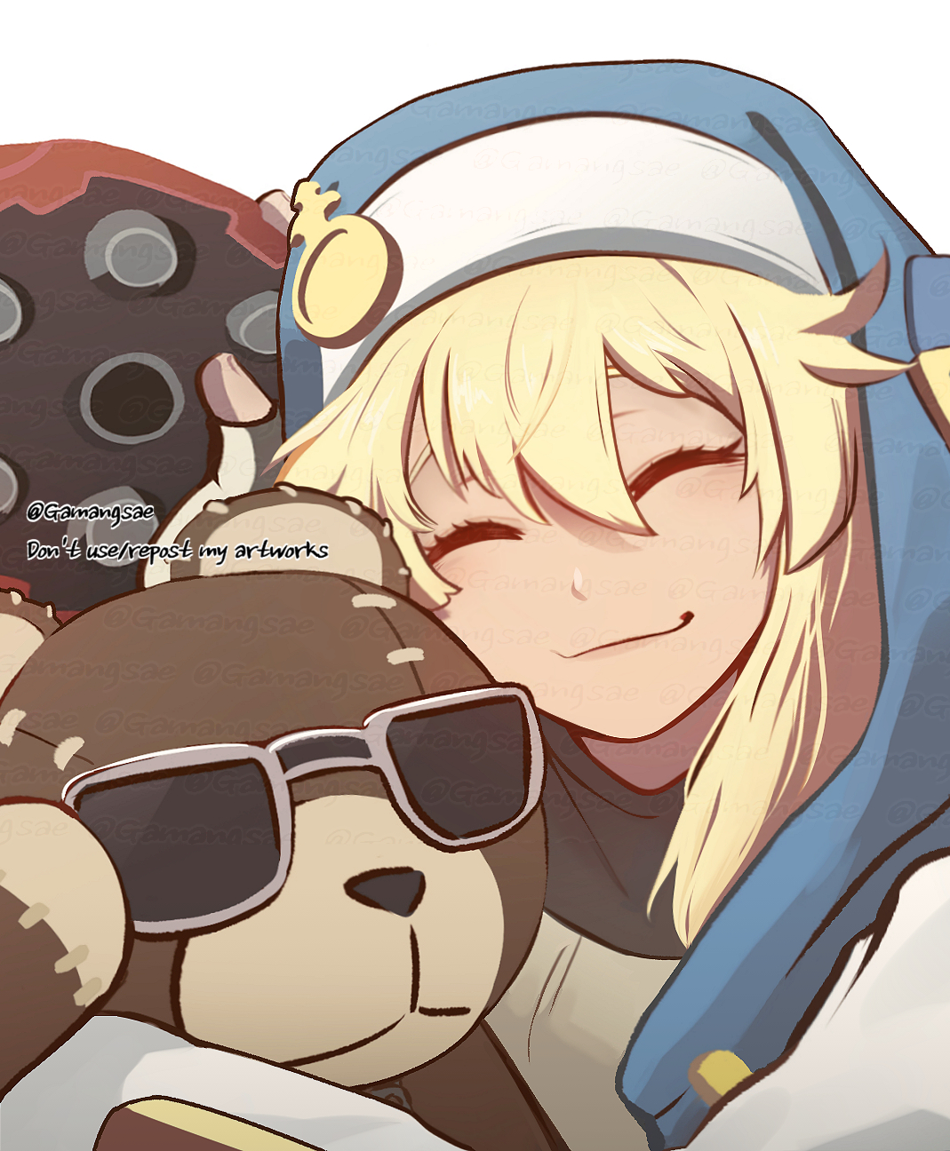 gamang sae8, bridget (guilty gear), guilty gear, guilty gear strive, commentary, highres, 1boy, artist name, blonde hair, blue veil, closed eyes, closed mouth, hair between eyes, hug, mars symbol, sidelocks, smile, stuffed animal, stuffed toy, sunglasses, teddy bear, twitter username, veil, yo-yo