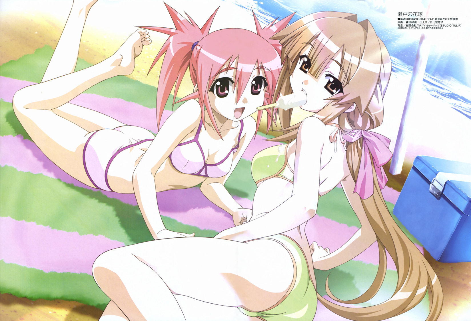 edomae lunar, seto sun, seto no hanayome, highres, 00s, 2girls, bikini, food, ice cream, multiple girls, ponytail, popsicle, swimsuit