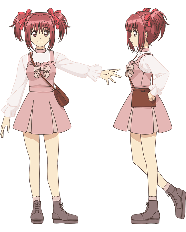 ishino satoshi, momomiya ichigo, tokyo mew mew, tokyo mew mew new, official art, 2girls, anime coloring, bag, boots, bow, breasts, brown bag, closed mouth, collared shirt, dress, from side, full body, grey boots, hair ribbon, long sleeves, looking at viewer, medium breasts, multiple girls, multiple views, open hand, outstretched arm, pink bow, pink dress, profile, red eyes, red hair, red ribbon, ribbon, shirt, short hair, shoulder bag, simple background, smile, standing, thighs, transparent background, twintails, white shirt