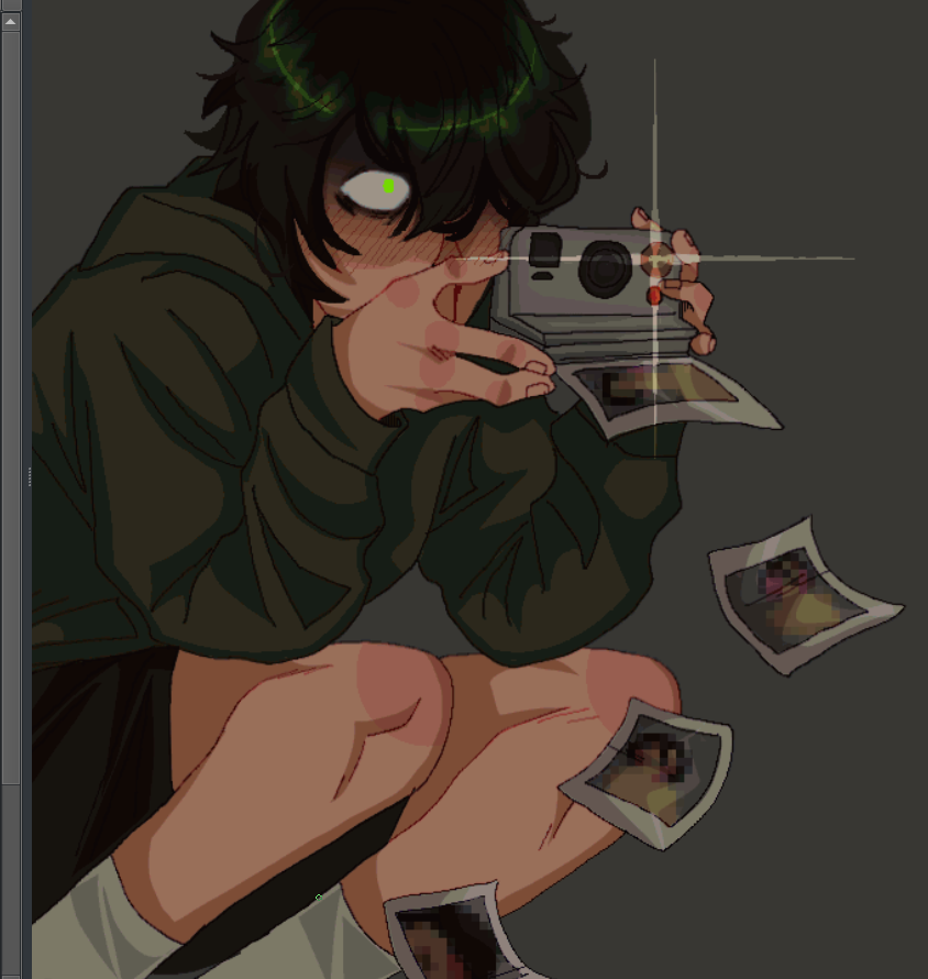 kylar (degrees of lewdity), kylar (male) (degrees of lewdity), degrees of lewdity, 1boy, black hair, black hoodie, black shorts, camera, green eyes, grey background, holding, holding camera, hood, hoodie, maddturmoil, polaroid photo, short hair, shorts, socks, solo, white socks