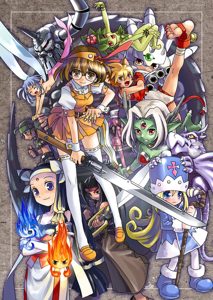 katahira masashi, original, 6+girls, barefoot, everyone, glasses, gunblade, kicking, multiple girls, sword, thighhighs, weapon