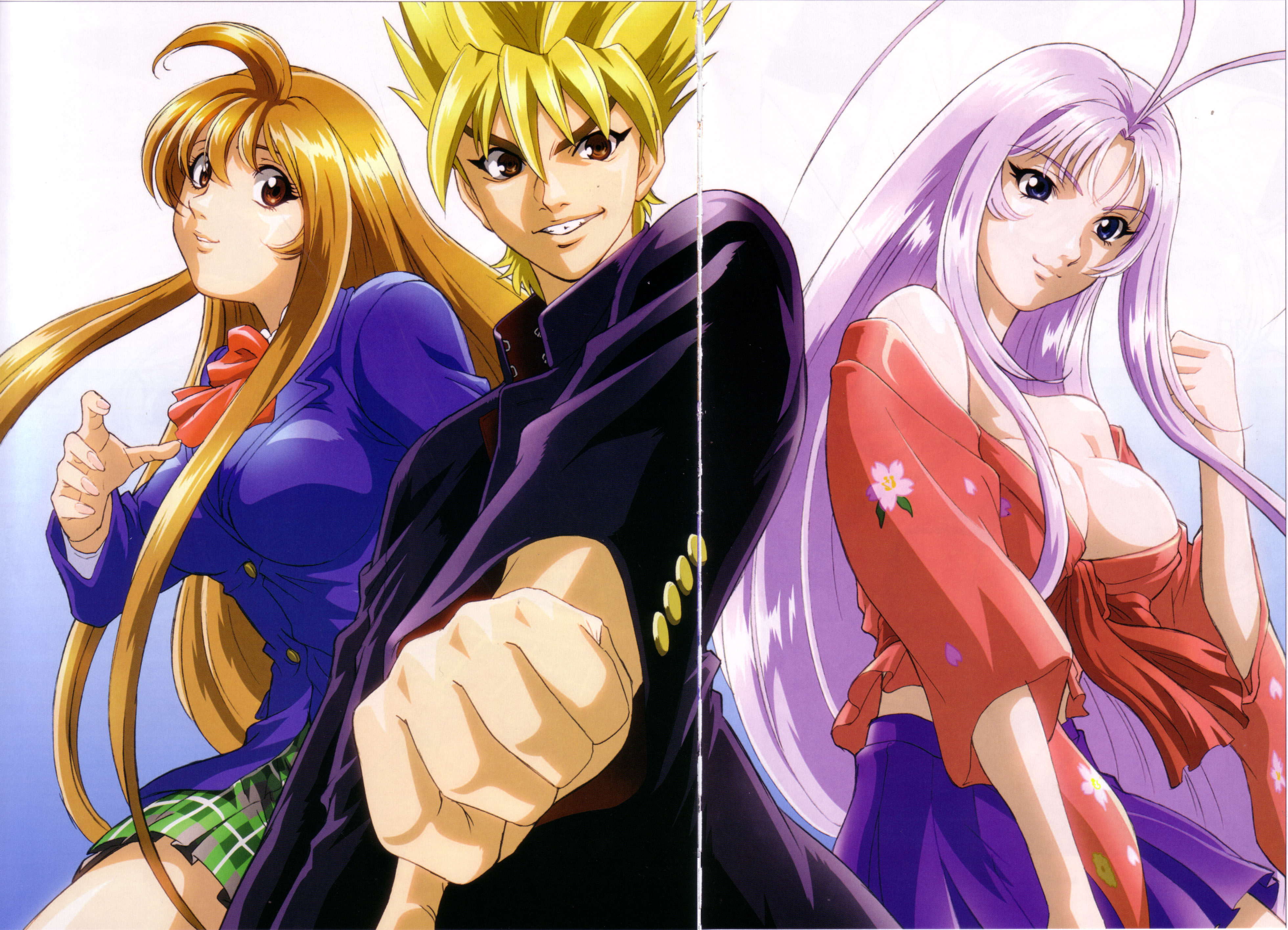 fukuda noriyuki, oogure ito, nagi souichirou, natsume aya, natsume maya, tenjou tenge, absurdres, highres, scan, 1boy, 2girls, ahoge, antenna hair, blazer, blonde hair, blue eyes, bow, breasts, brown eyes, brown hair, cleavage, crop top, flower, gakuran, grin, jacket, large breasts, long hair, looking at viewer, midriff, multiple girls, off shoulder, plaid clothes, plaid skirt, purple hair, school uniform, short hair, skirt, smile, spiked hair, thumbs down, very long hair