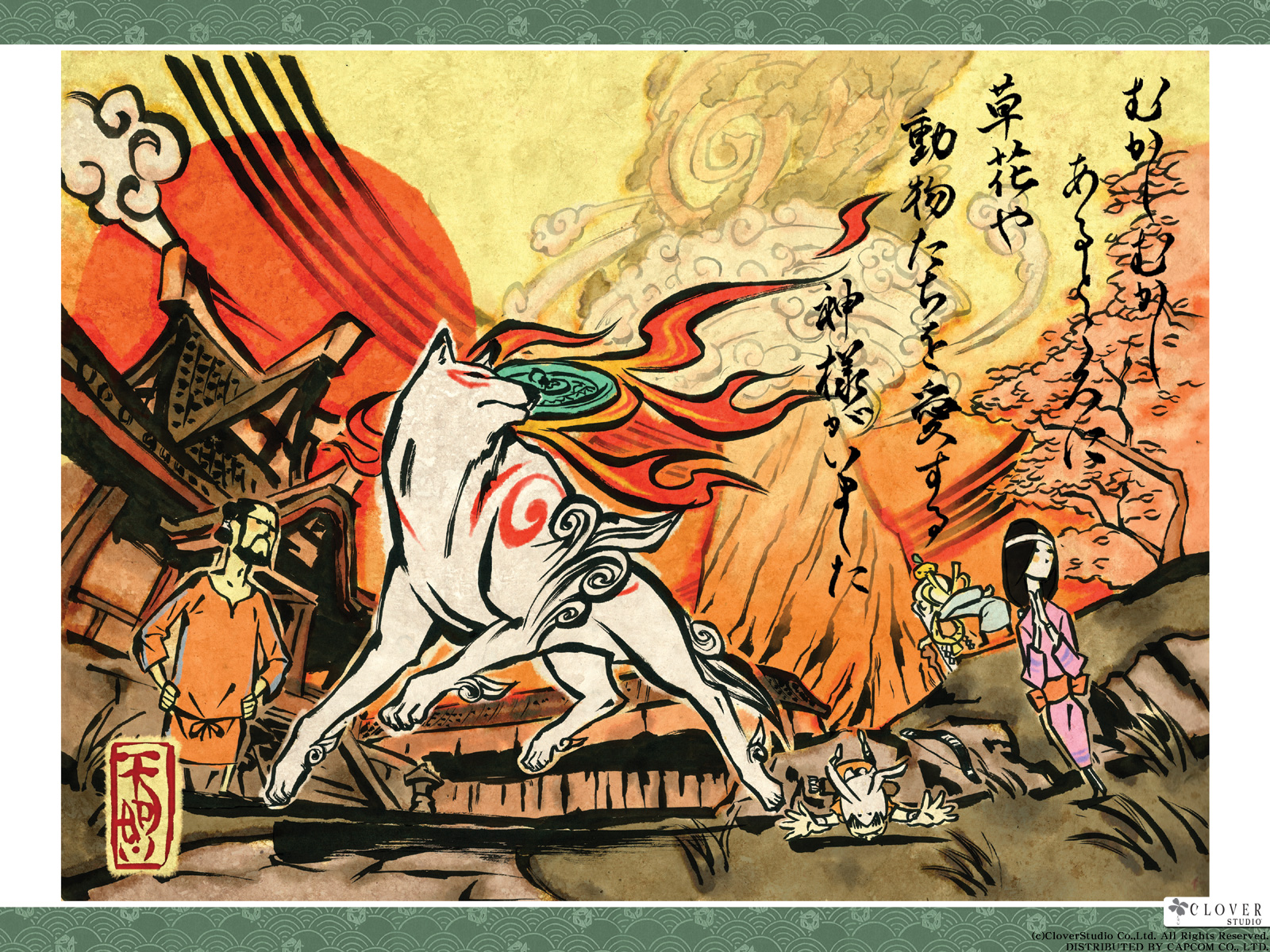 amaterasu (ookami), ookami (game), highres, official art, official wallpaper, 1girl, 3boys, fine art parody, multiple boys, nihonga, parody, sumi-e, wolf