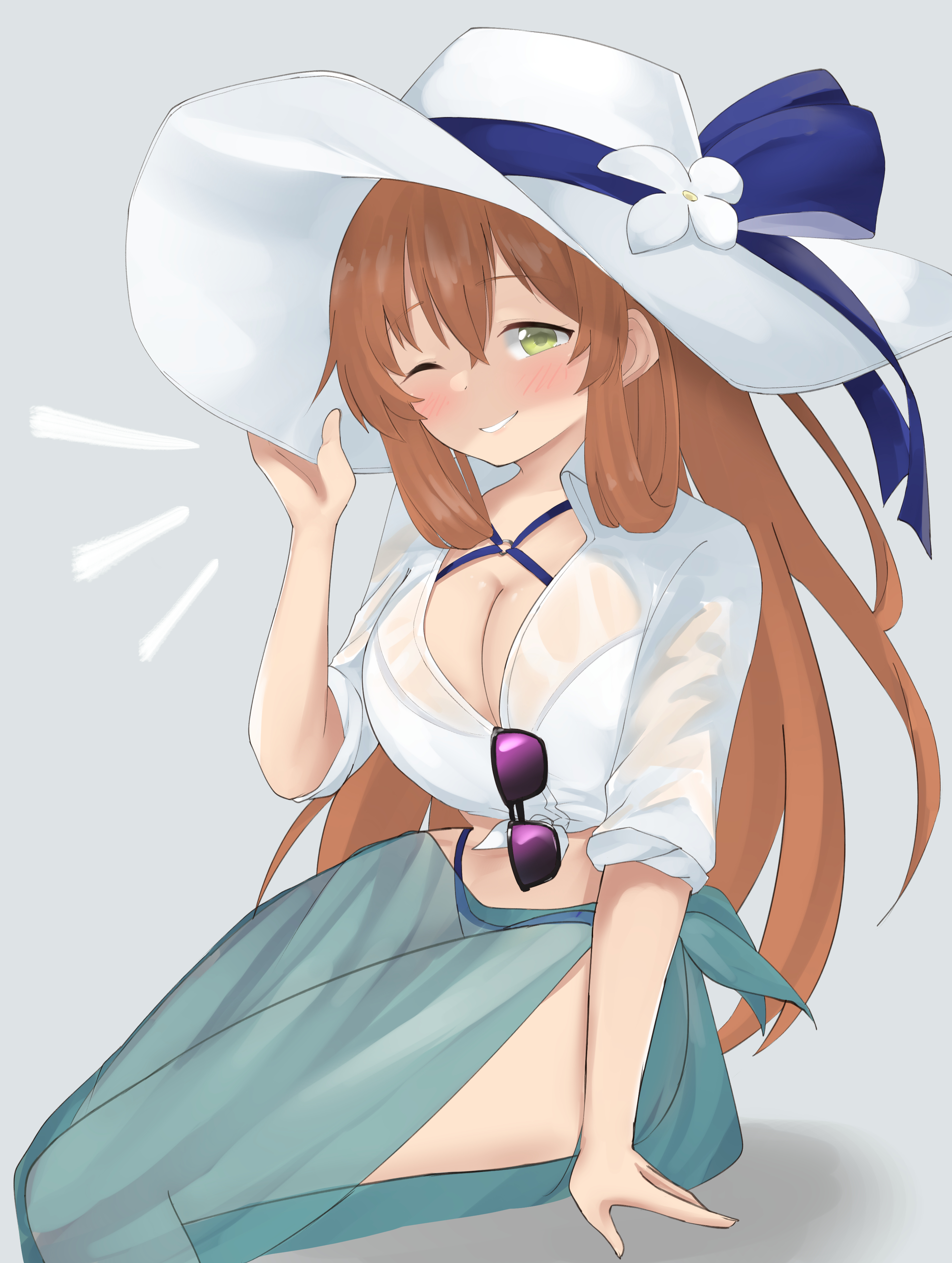 pepsi2330, springfield (girls' frontline), girls' frontline, absurdres, highres, 1girl, bow, bra strap, breasts, cleavage, flower, happy, hat, long hair, looking at viewer, official alternate costume, see-through clothes, see-through shirt, see-through skirt, shirt, simple background, sitting, skirt, smile, sunglasses
