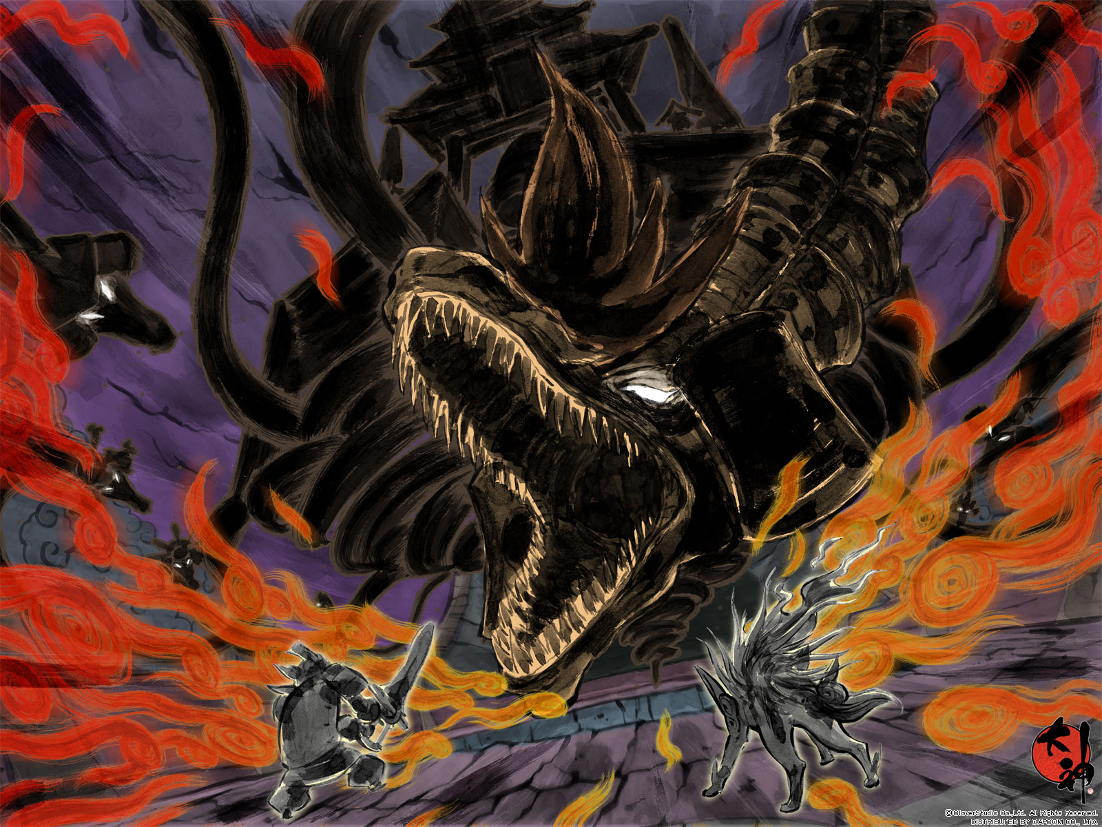 amaterasu (ookami), orochi, yamata no orochi (ookami), ookami (game), highres, official art, official wallpaper, dragon, fine art parody, nihonga, parody, sumi-e, wolf