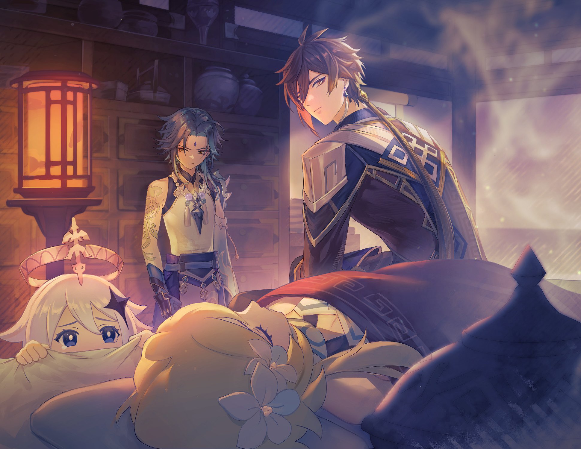 lumine (genshin impact), paimon (genshin impact), xiao (genshin impact), zhongli (genshin impact), genshin impact, highres, 2boys, 2girls, multiple boys, multiple girls, oyu2403