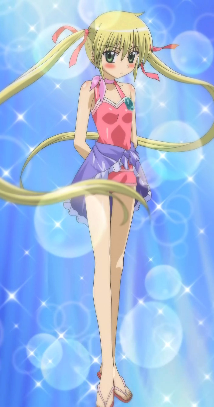 sanzen'in nagi, hayate no gotoku!, anime screenshot, highres, non-web source, stitched, third-party edit, 00s, arms behind back, blonde hair, blush, casual one-piece swimsuit, choker, diffraction spikes, flip-flops, green eyes, hair ribbon, halterneck, heavy lens flare, lens flare, long hair, one-piece swimsuit, ribbon, ribbon choker, sandals, sarong, solo, swimsuit, twintails