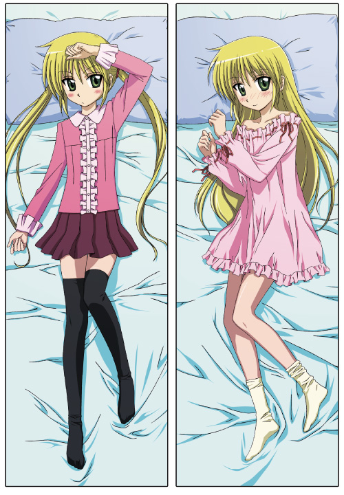sanzen'in nagi, hayate no gotoku!, 00s, 1girl, bare shoulders, bed, blonde hair, blush, dakimakura (medium), feet, green eyes, lingerie, long hair, multiple views, nightgown, the bed, thighhighs, twintails, underwear, zettai ryouiki
