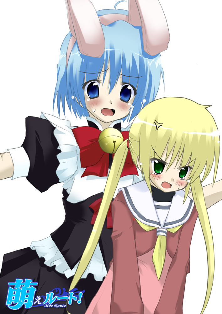 minase shuu, ayasaki hayate, sanzen'in nagi, hayate no gotoku!, 00s, 1boy, 1girl, ahoge, anger vein, animal ears, ascot, bell, blonde hair, blue eyes, blue hair, blush, bow, bowtie, crossdressing, green eyes, hairband, jingle bell, long sleeves, maid, maid headdress, puffy short sleeves, puffy sleeves, rabbit ears, school uniform, serafuku, short sleeves, sweatdrop, tears, twintails