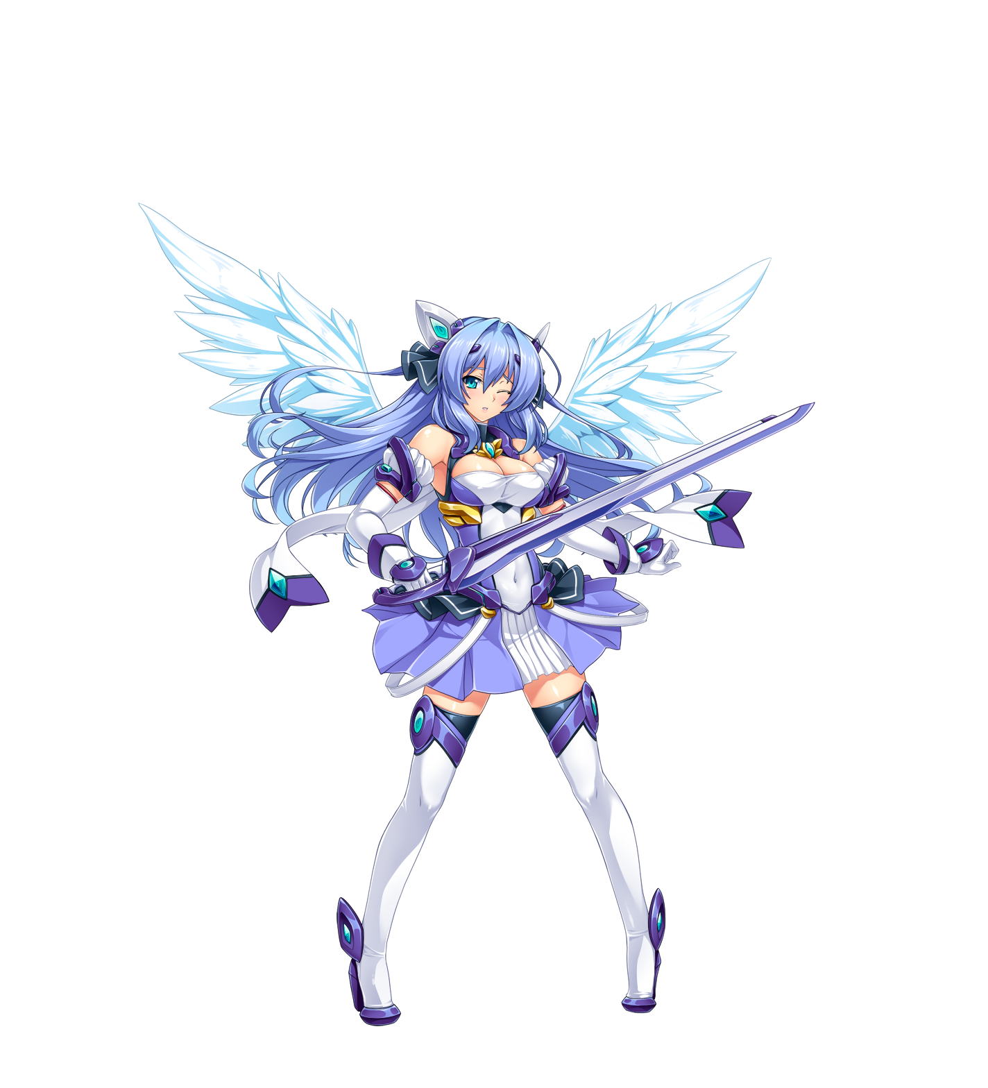 inoino, exs-tia, katsuragi marina, kouyoku senki exs-tia, game cg, highres, large variant set, non-web source, official art, variant set, 1girl, angel wings, bare shoulders, blue eyes, blue hair, boots, breasts, chest jewel, cleavage, covered navel, dress, elbow gloves, exs-tia (exs-tia 3), feathered wings, full body, gloves, hair ornament, headgear, high heel boots, high heels, holding, holding sword, holding weapon, large breasts, long hair, looking at viewer, one eye closed, pigeon-toed, skirt, solo, standing, sword, thigh boots, thighhighs, transparent background, weapon, white gloves, white thighhighs, white wings, wings, zettai ryouiki