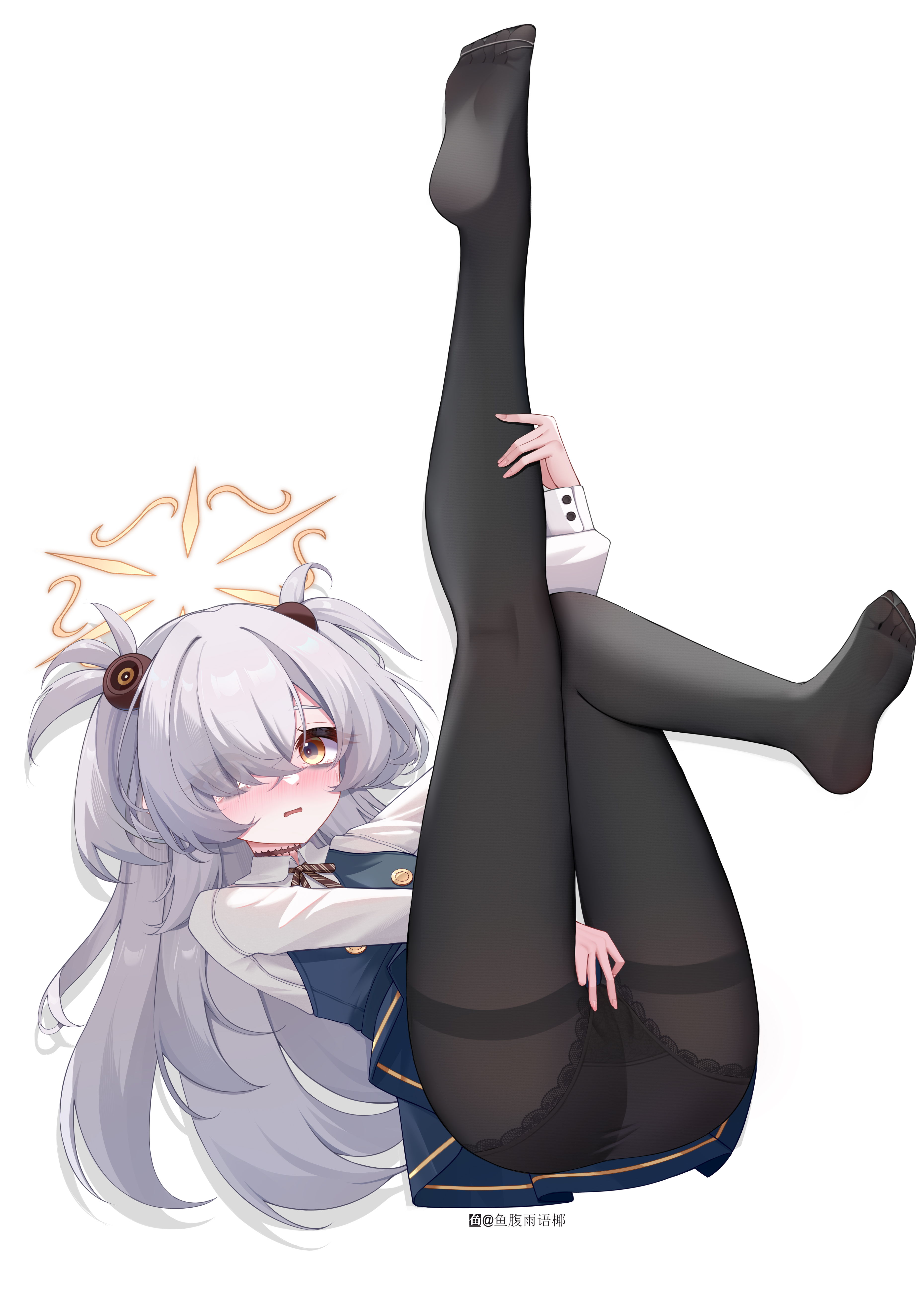 yu fu miko, kanoe (blue archive), blue archive, absurdres, highres, 1girl, black pantyhose, blue dress, blush, brown eyes, brown ribbon, dress, hair over one eye, holding own leg, legs up, long hair, lying, no shoes, on back, open mouth, panties, panties under pantyhose, pantyhose, ribbon, shirt, sidelocks, solo, two side up, underwear, white shirt